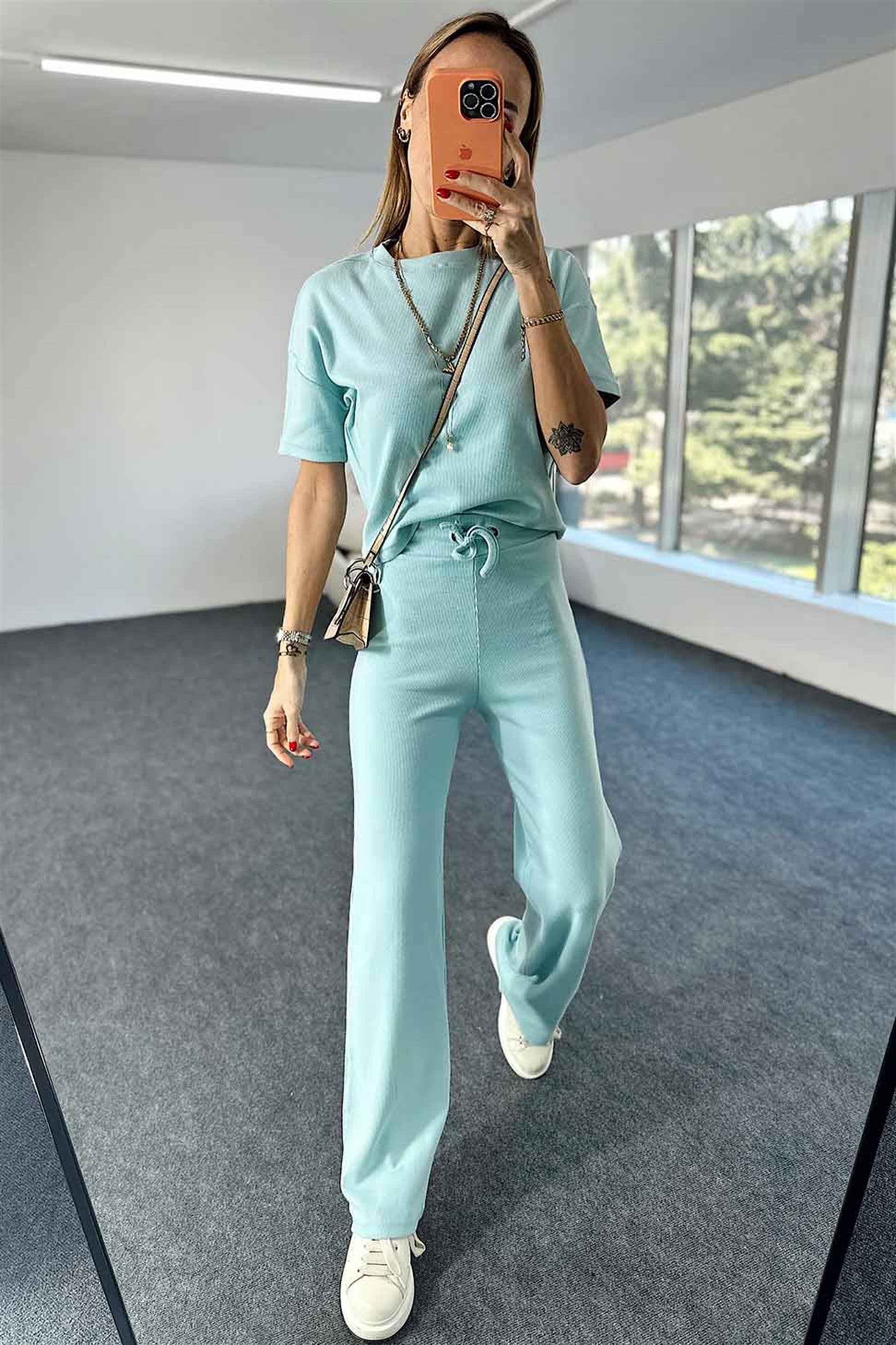 Fitilli Crop Pantolon İkili Kadın Takım Bebe Mavisi