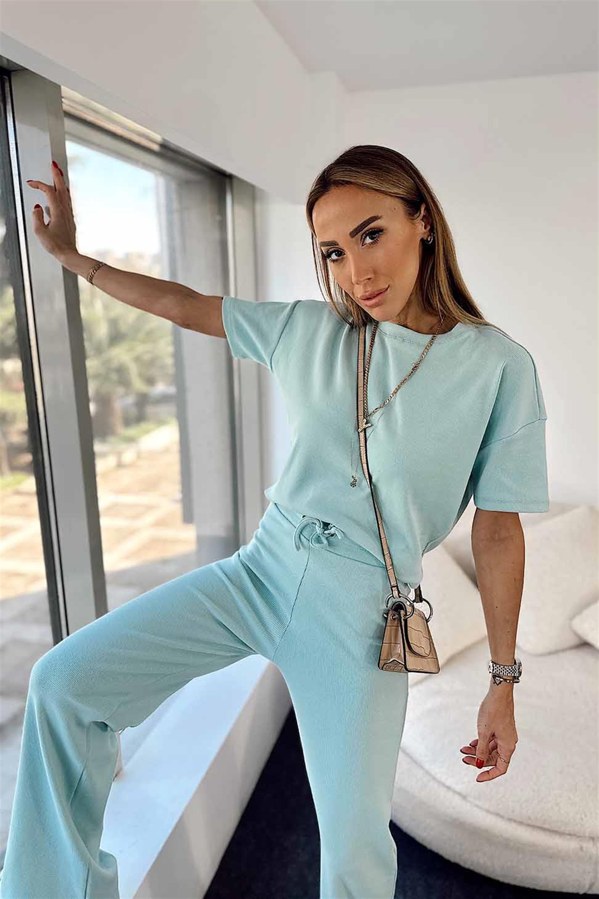 Fitilli Crop Pantolon İkili Kadın Takım Bebe Mavisi