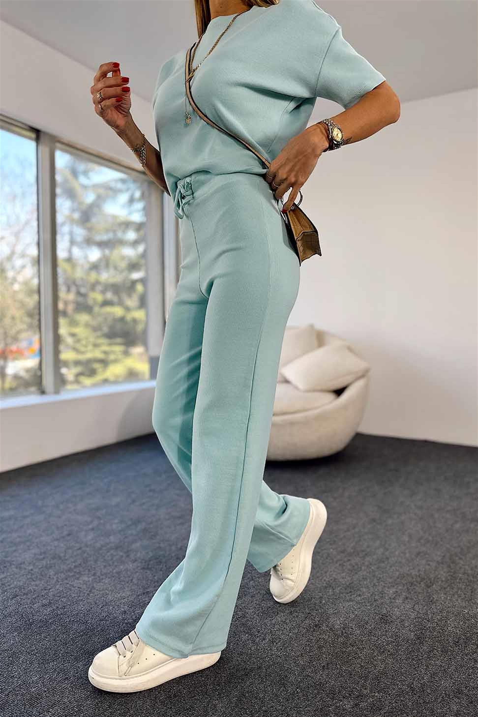Fitilli Crop Pantolon İkili Kadın Takım Bebe Mavisi