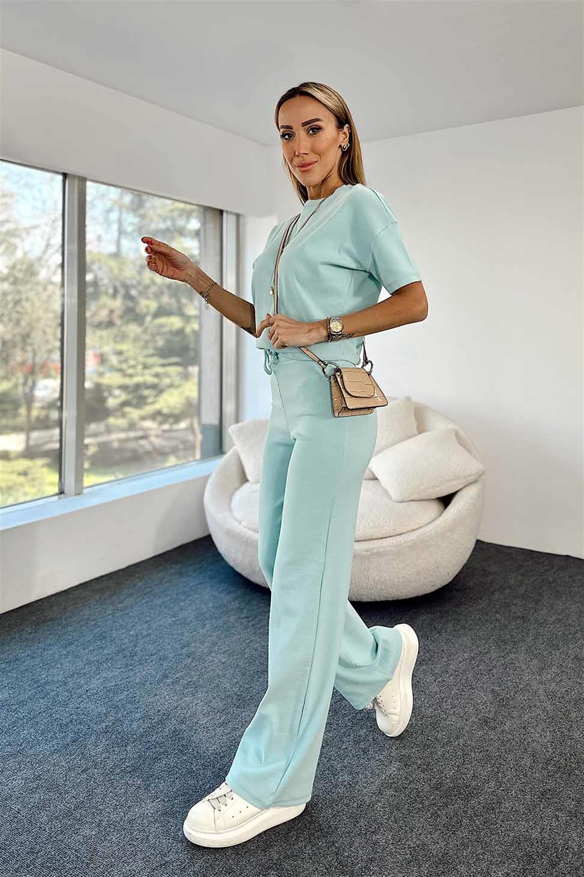 Fitilli Crop Pantolon İkili Kadın Takım Bebe Mavisi