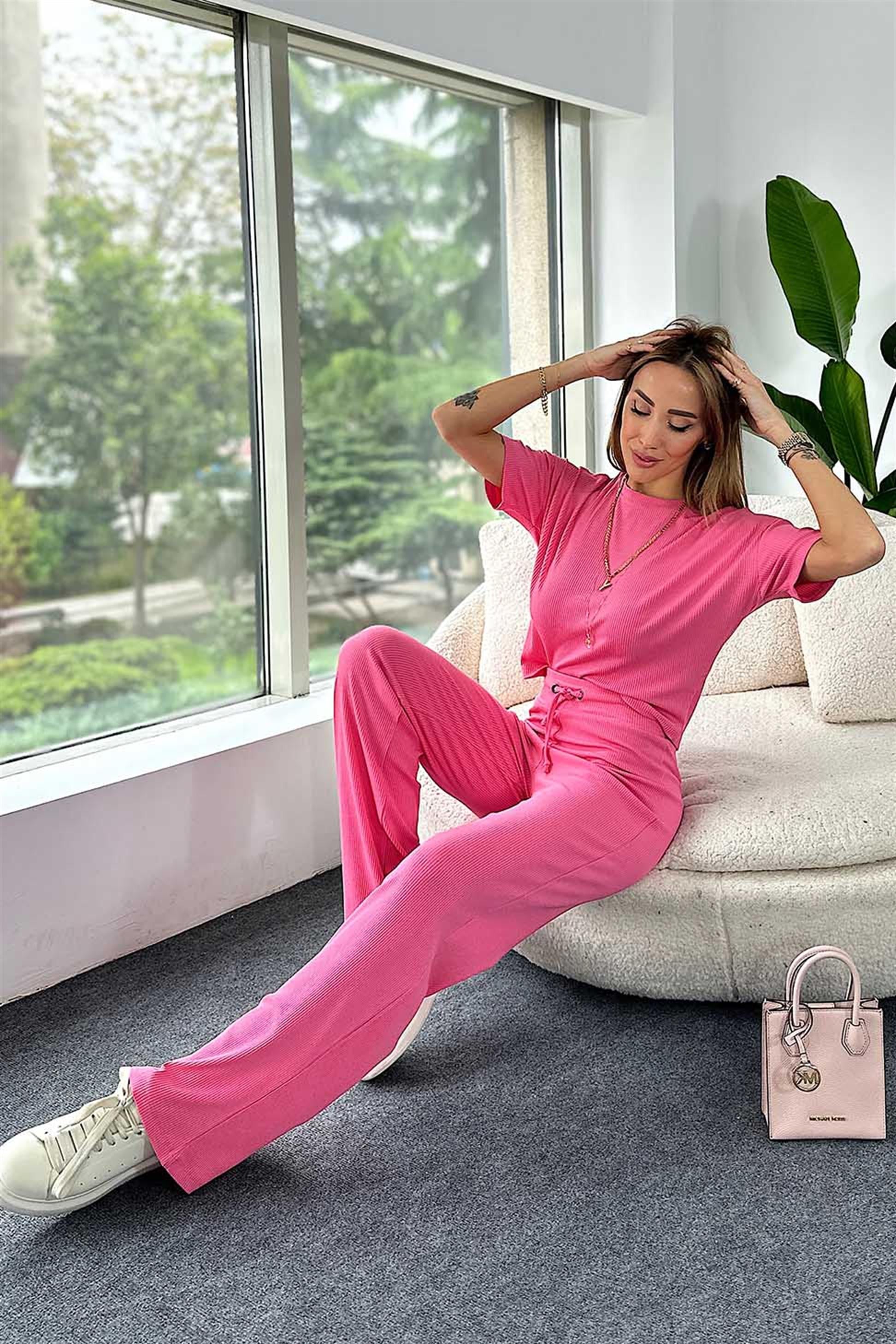 Fitilli Crop Pantolon İkili Kadın Takım Pembe