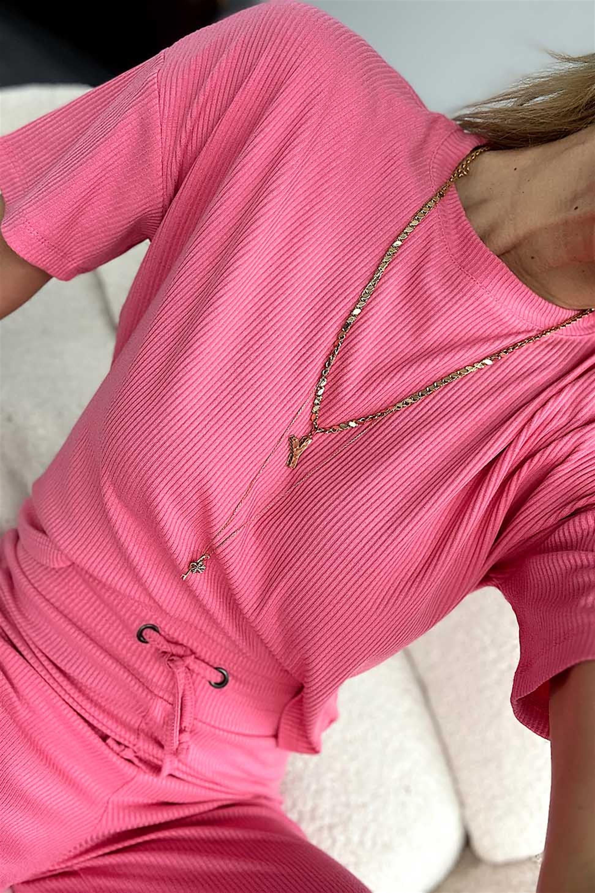 Fitilli Crop Pantolon İkili Kadın Takım Pembe