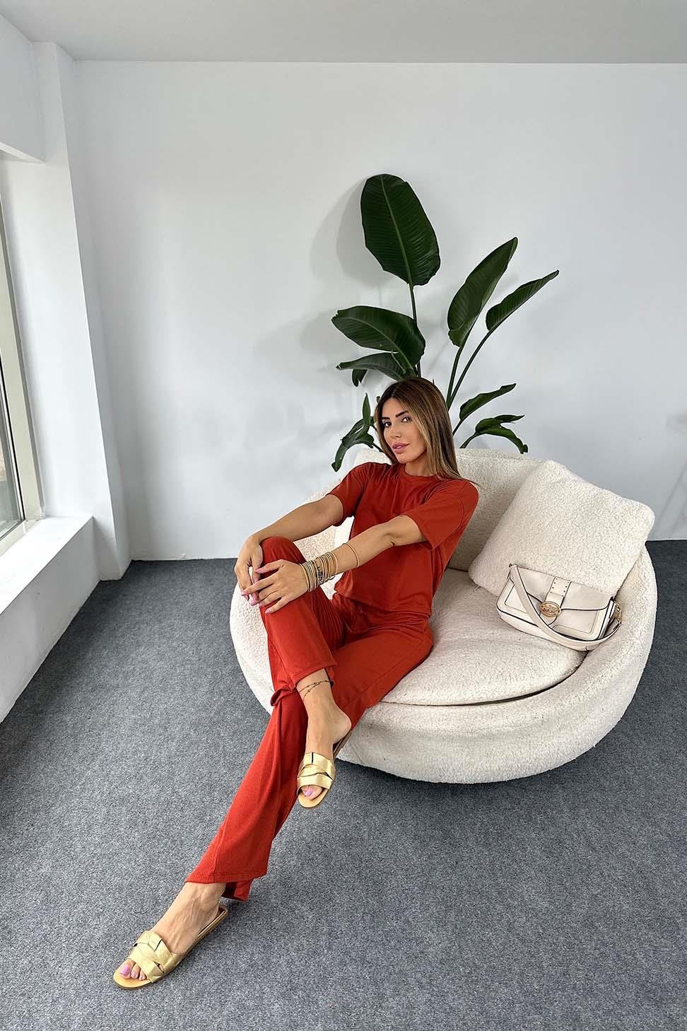 Fitilli Crop Pantolon İkili Kadın Takım Kiremit