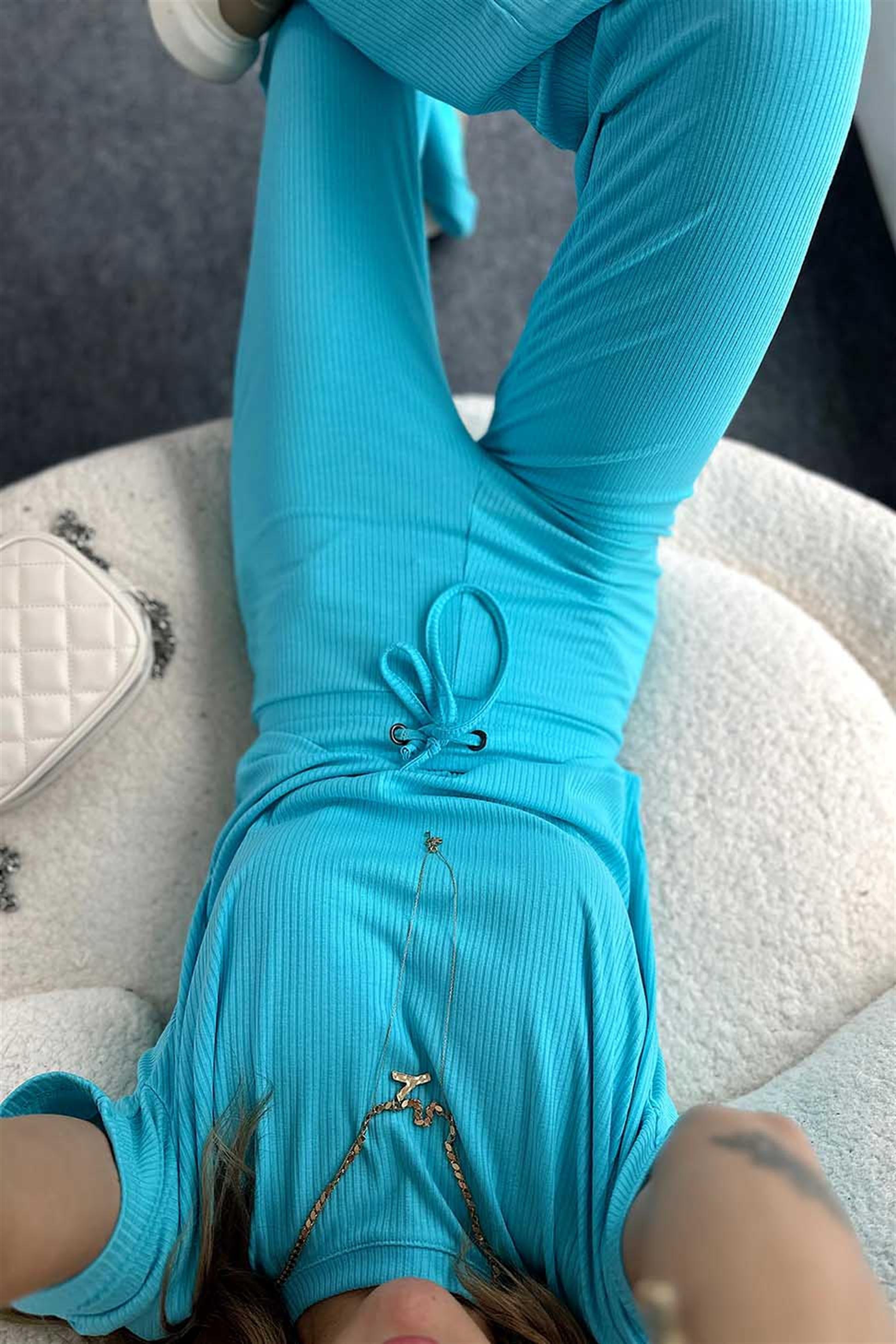 Fitilli Crop Pantolon İkili Kadın Takım Gök Mavisi