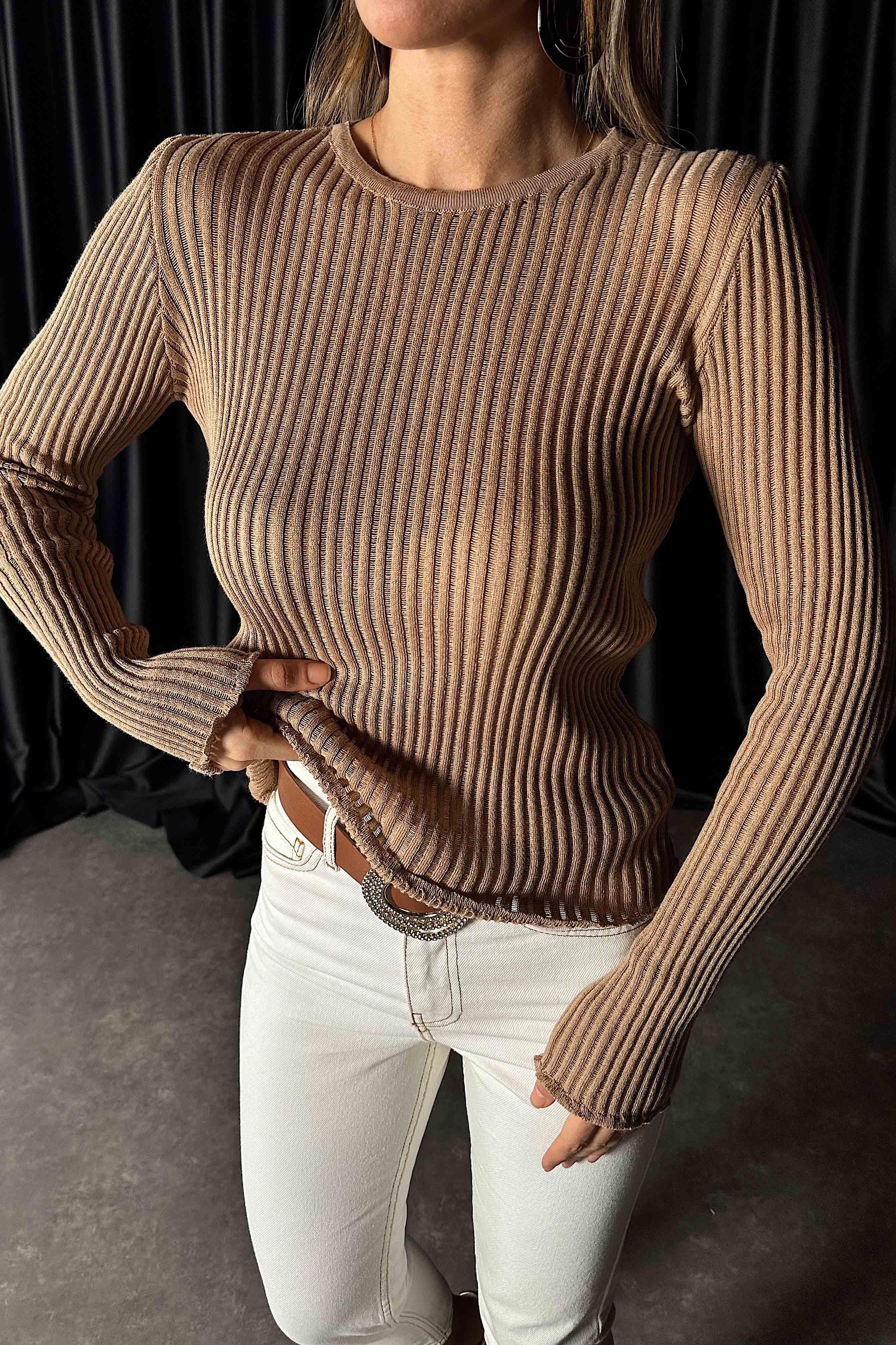 Fitilli Transparan Triko Bluz Camel