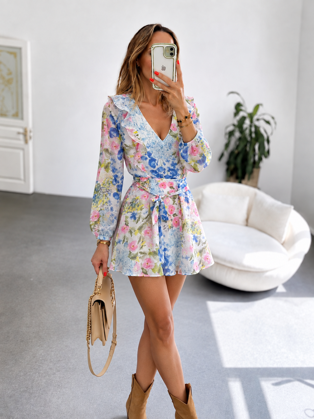 Floral Desenli Astarlı Şifon Elbise