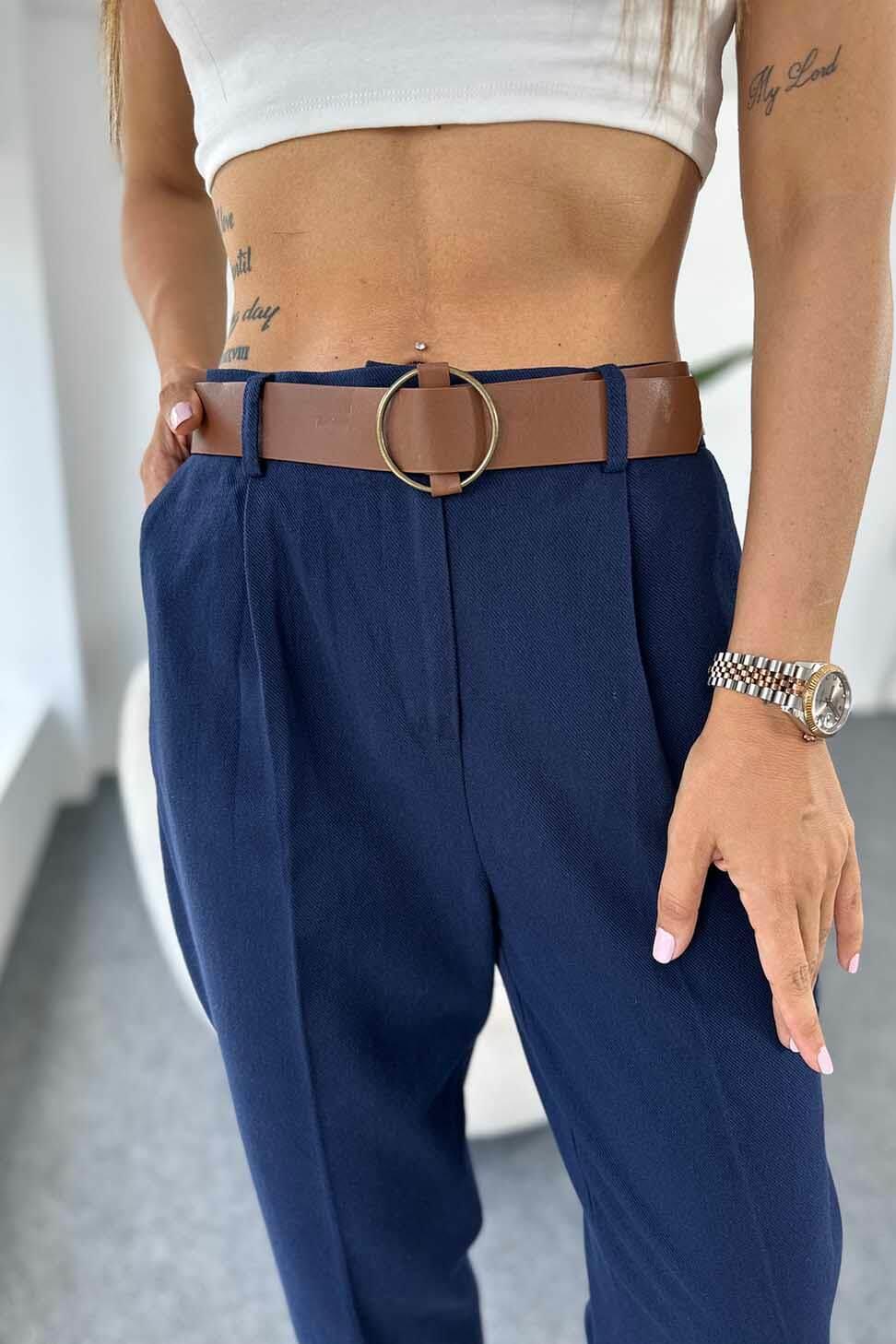 Gabardin Kumaş Kendinden Kemerli Kadın Pantolon Lacivert