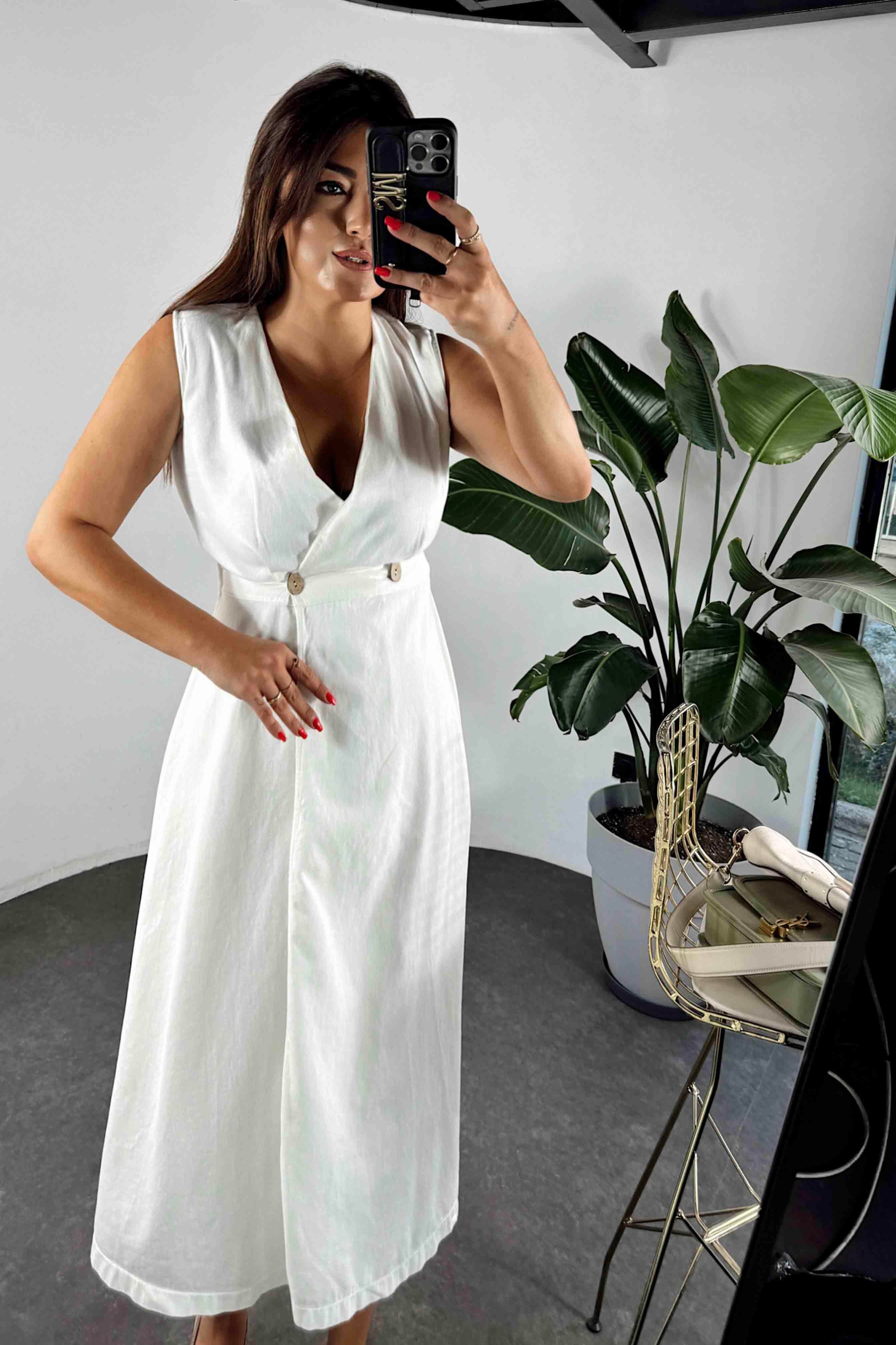 Gabardin Kumaş Önden Düğmeli Midi Elbise Ekru