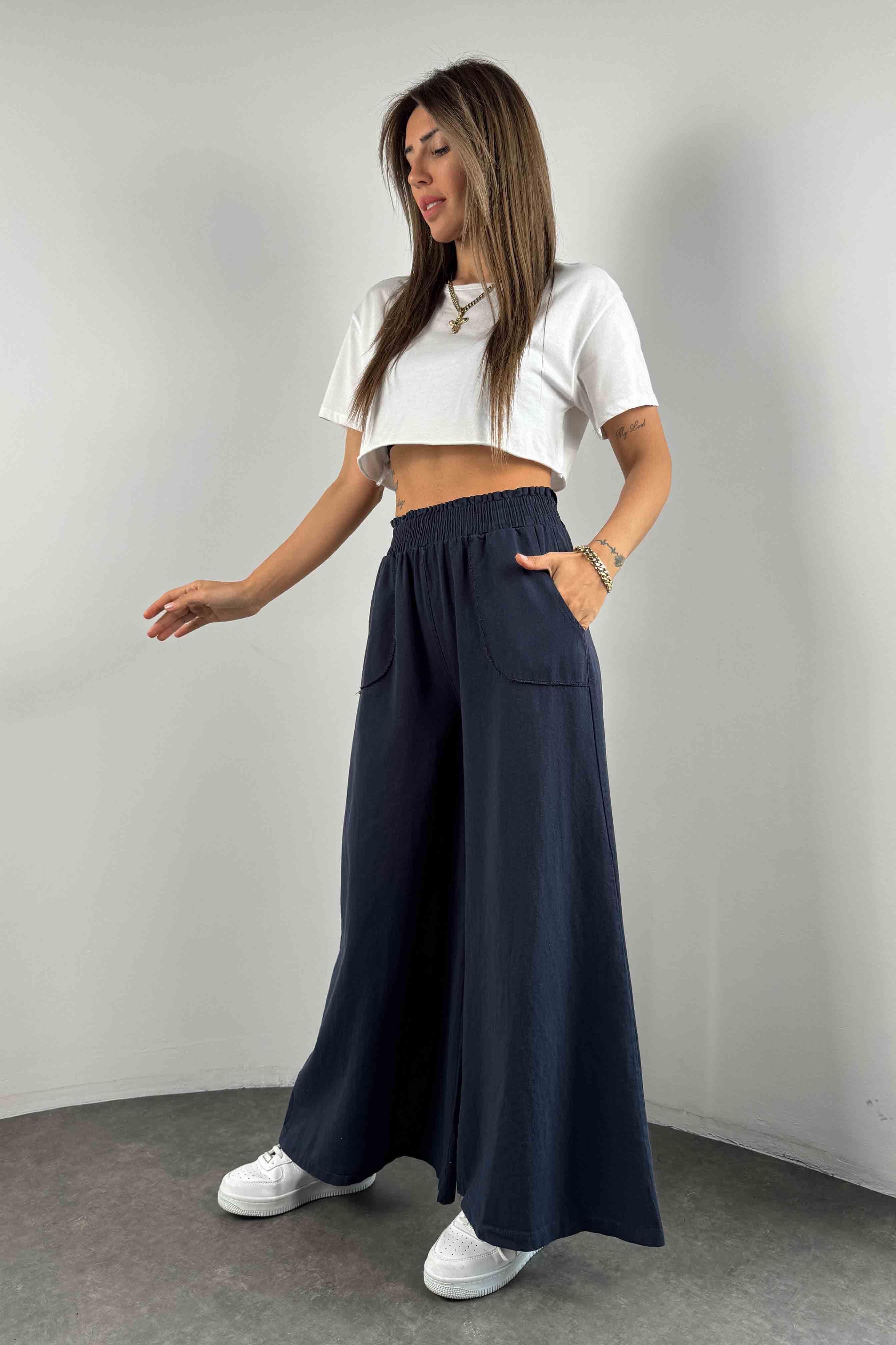Gabardin Kumaş Palazzo Pantolon Lacivert