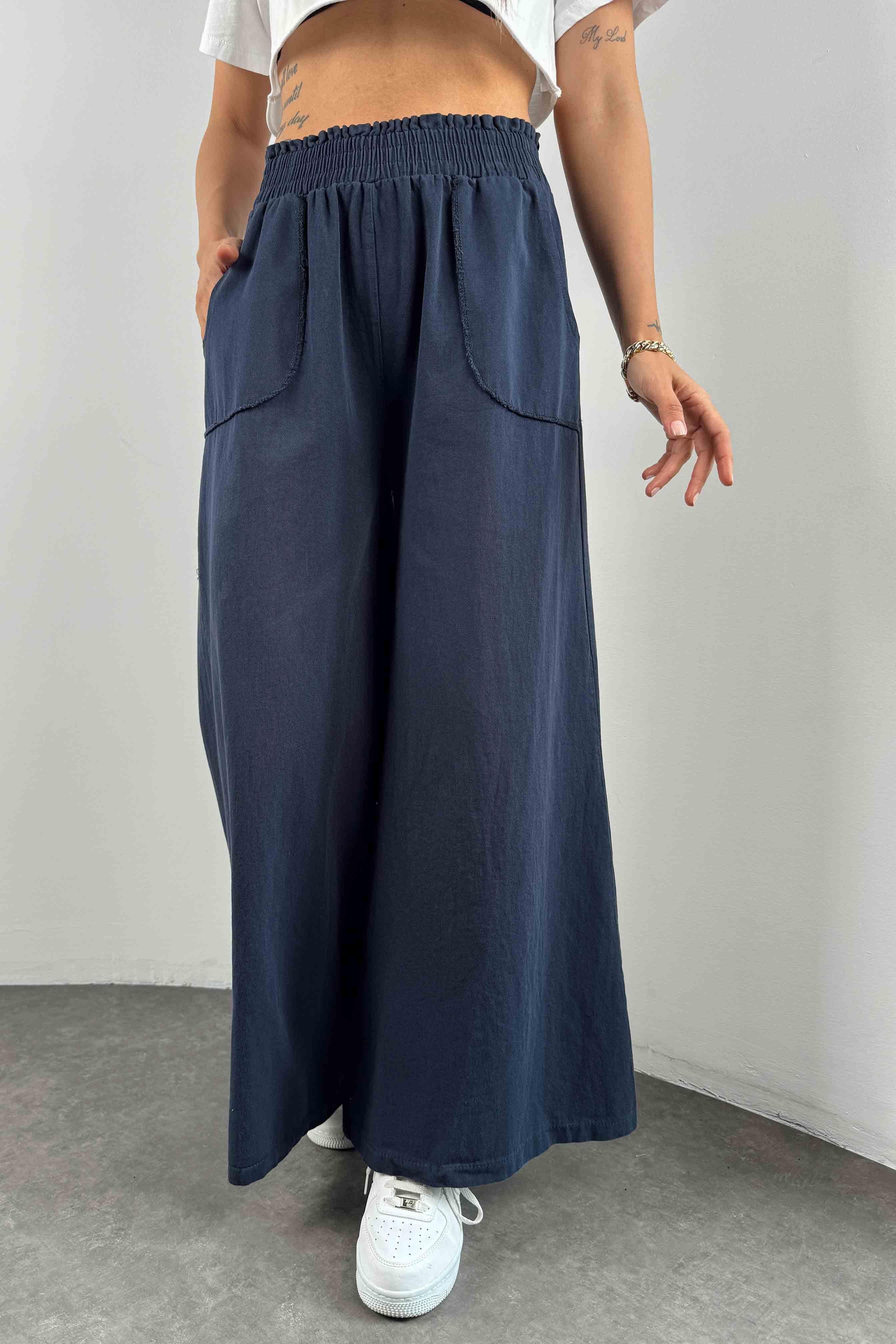 Gabardin Kumaş Palazzo Pantolon Lacivert