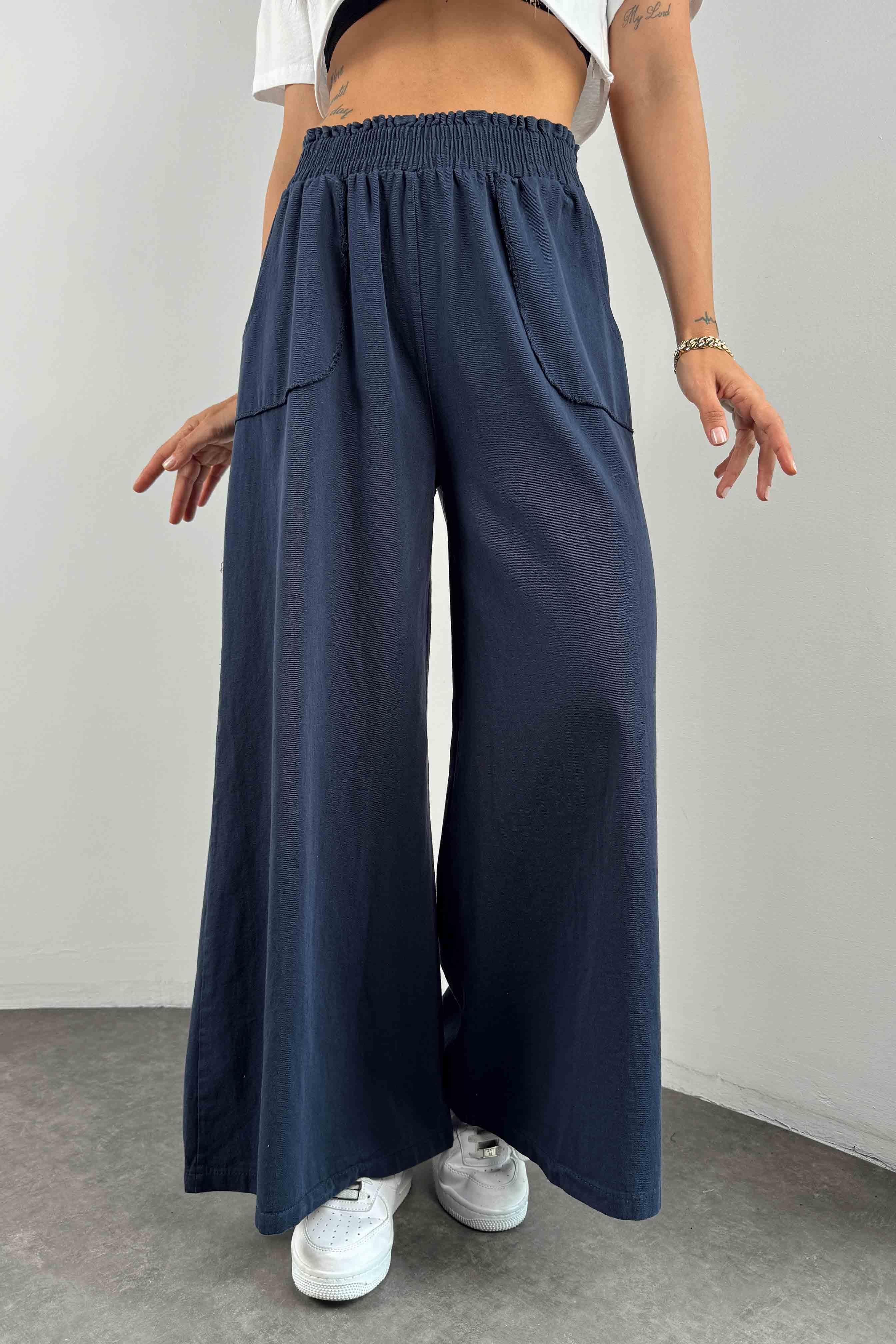 Gabardin Kumaş Palazzo Pantolon Lacivert