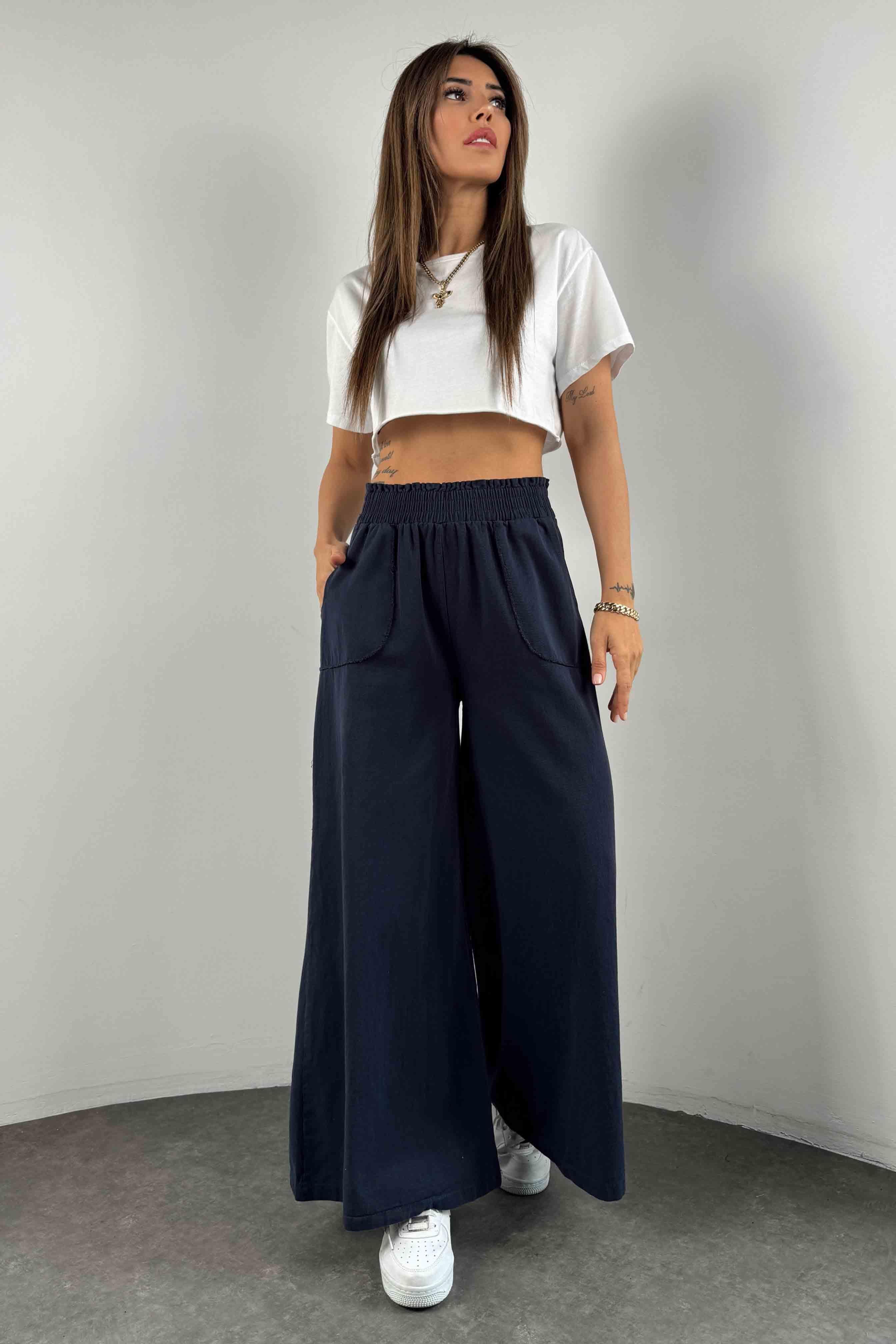 Gabardin Kumaş Palazzo Pantolon Lacivert