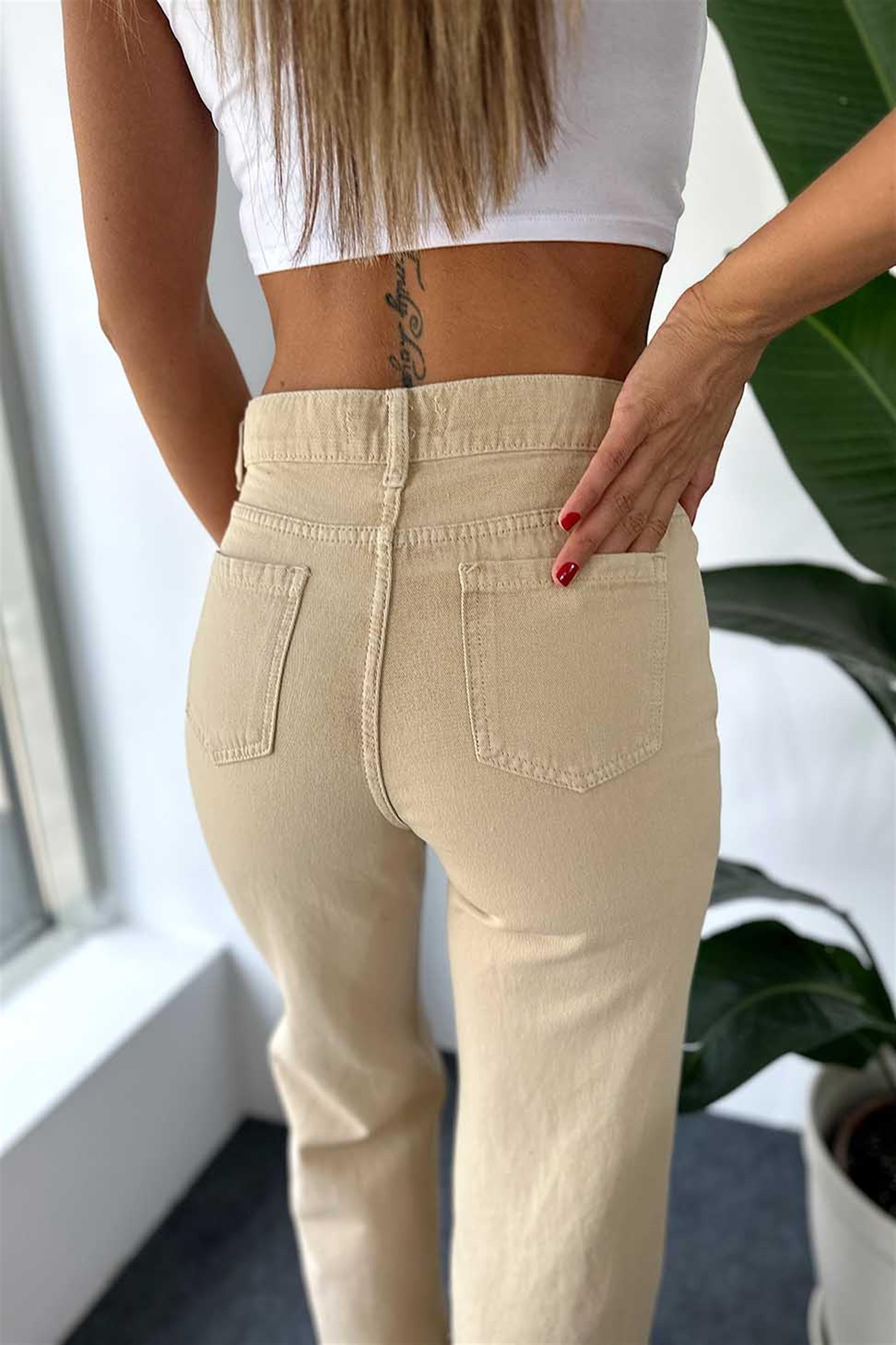 Gabardin Kumaş Yüksek Belli Bol Paça Pantolon Bej
