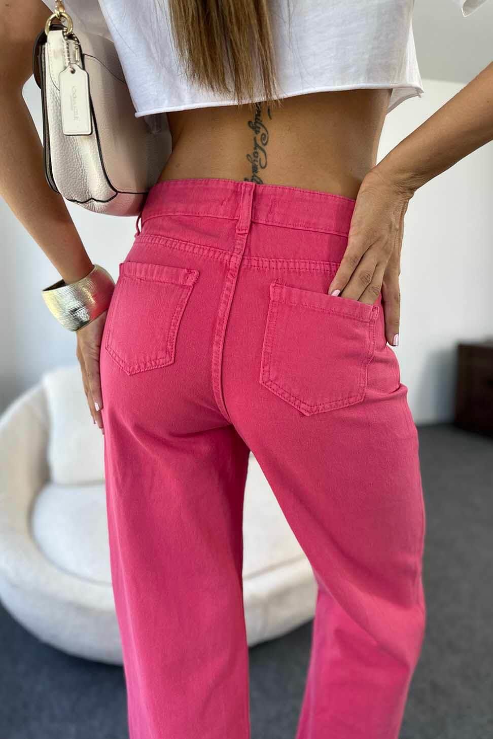 Gabardin Kumaş Yüksek Belli Bol Paça Pantolon Pembe