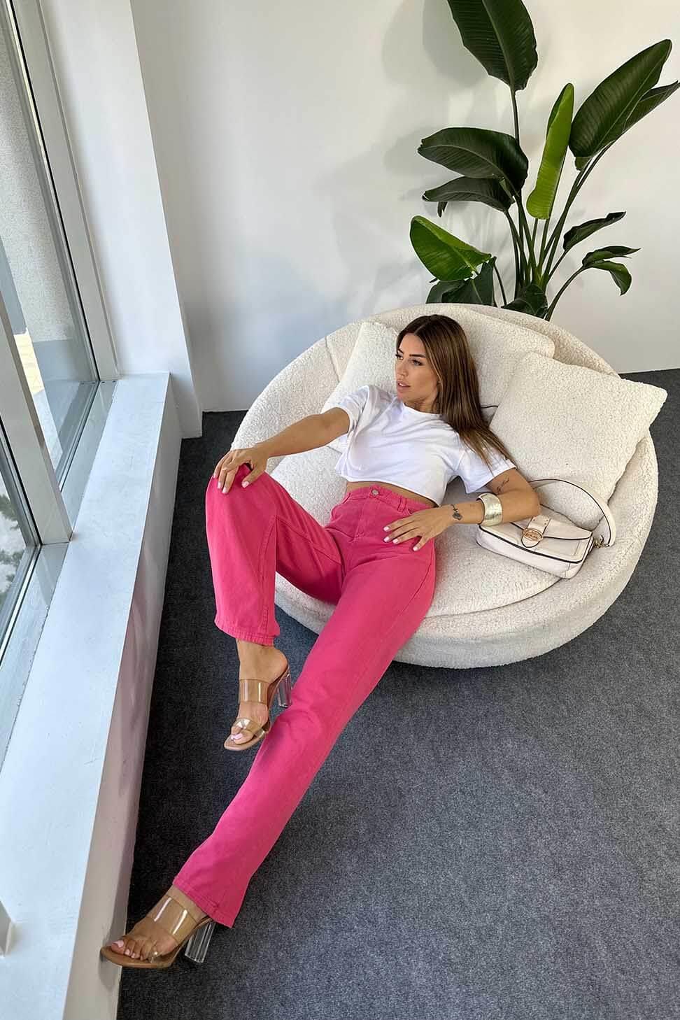 Gabardin Kumaş Yüksek Belli Bol Paça Pantolon Pembe