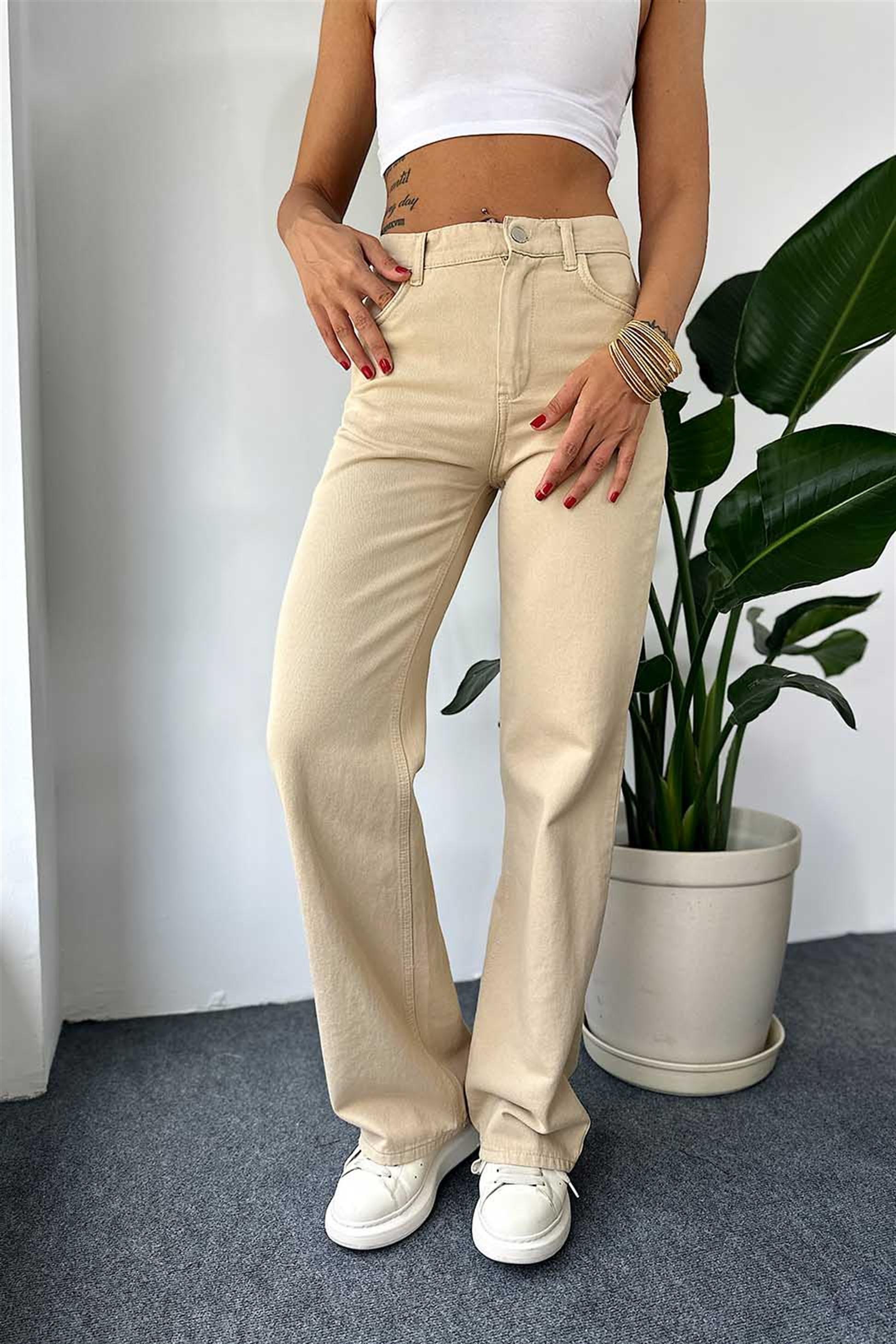 Gabardin Kumaş Yüksek Belli Bol Paça Pantolon Bej