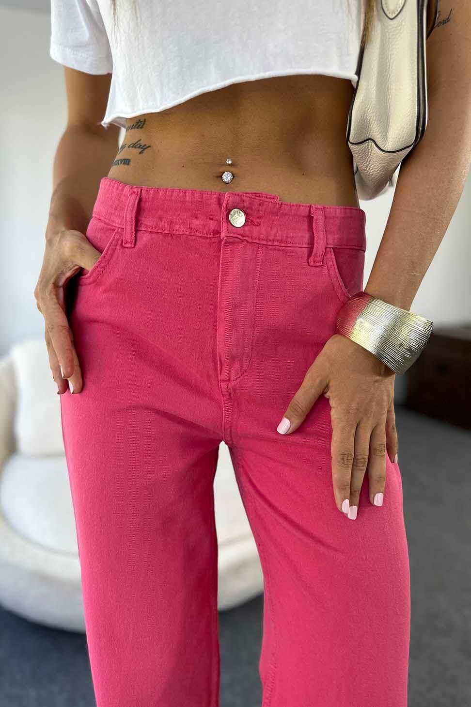 Gabardin Kumaş Yüksek Belli Bol Paça Pantolon Pembe