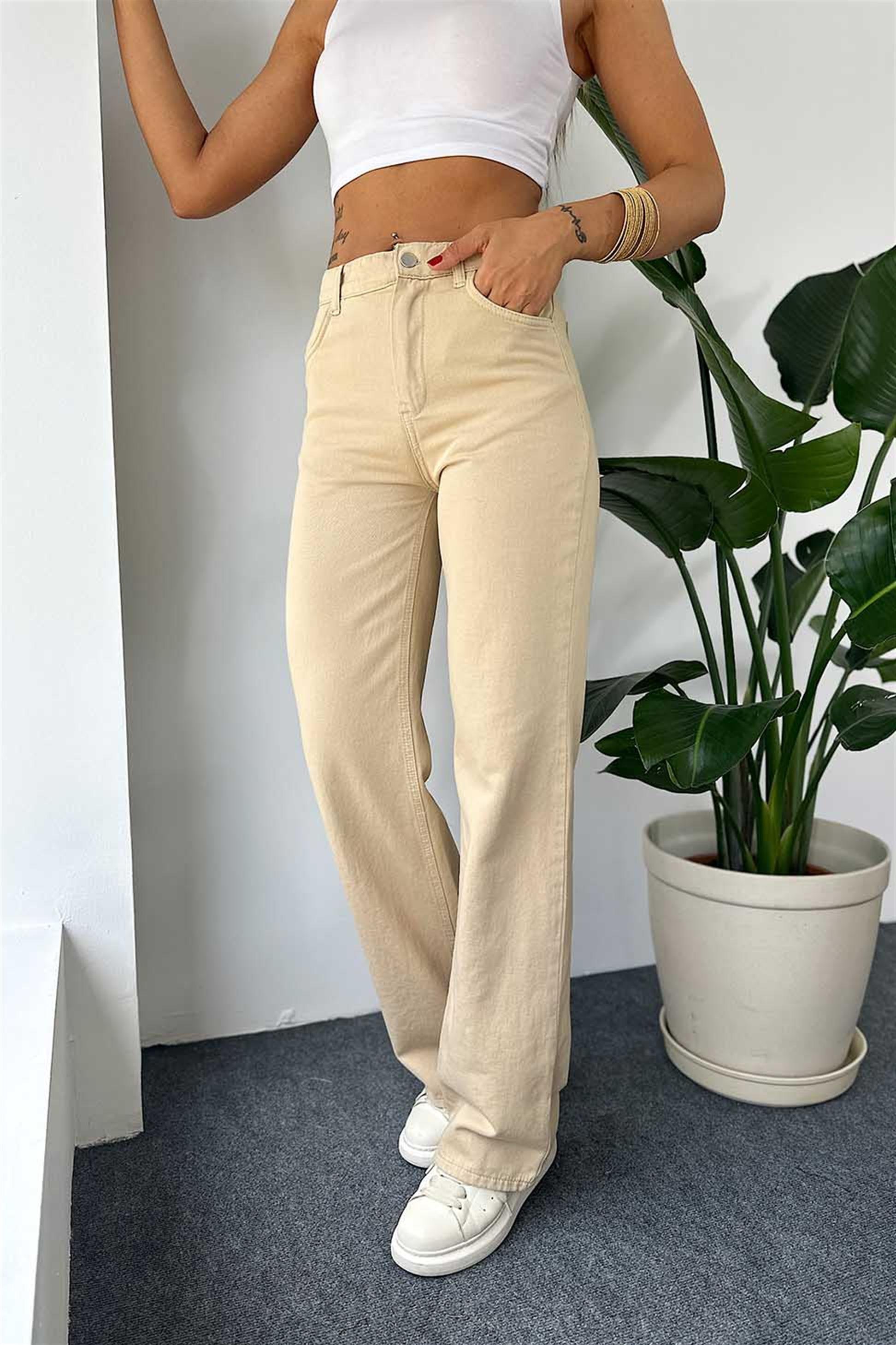 Gabardin Kumaş Yüksek Belli Bol Paça Pantolon Bej
