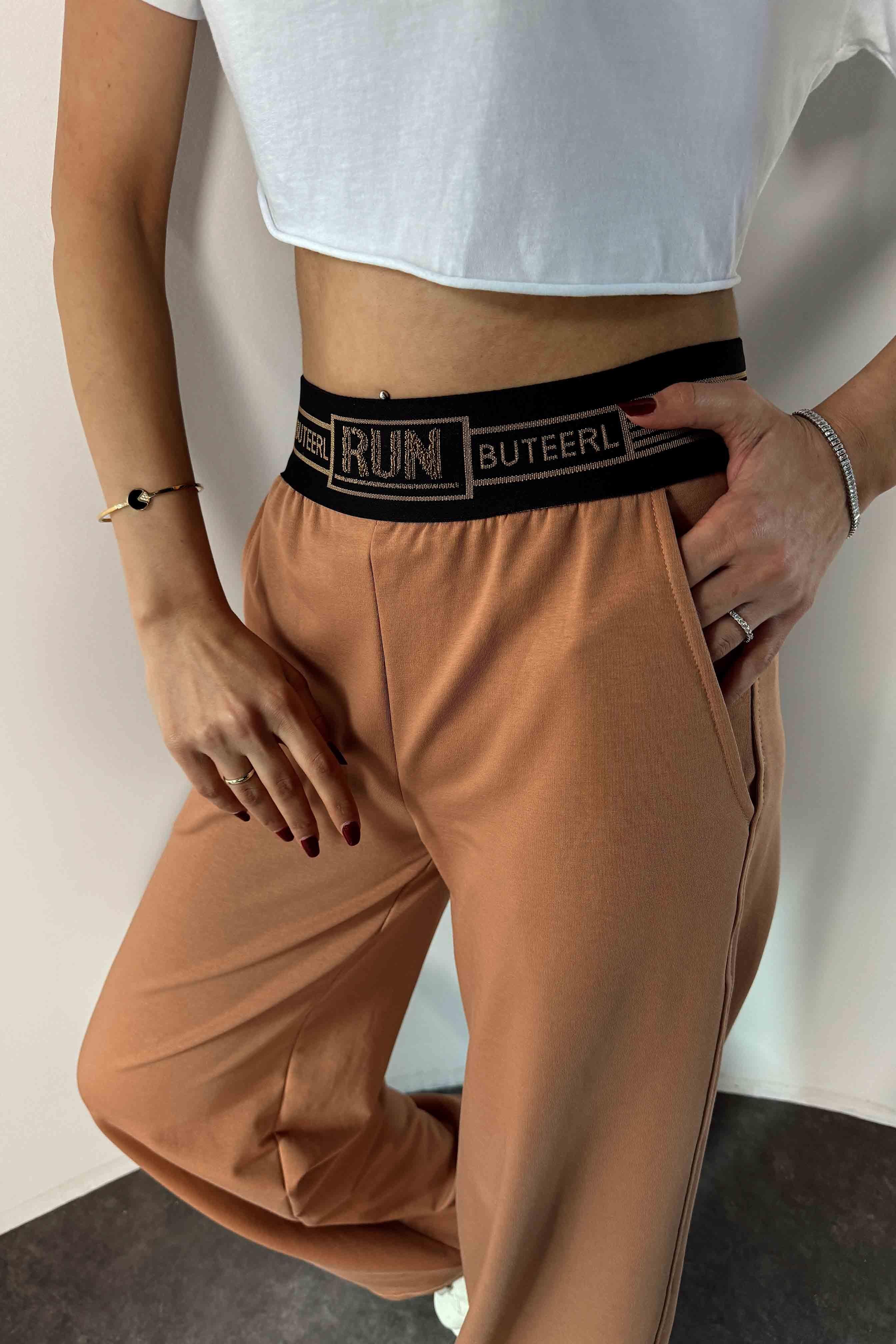Geniş Lastikli Tasarım Kadın Pantolon Camel