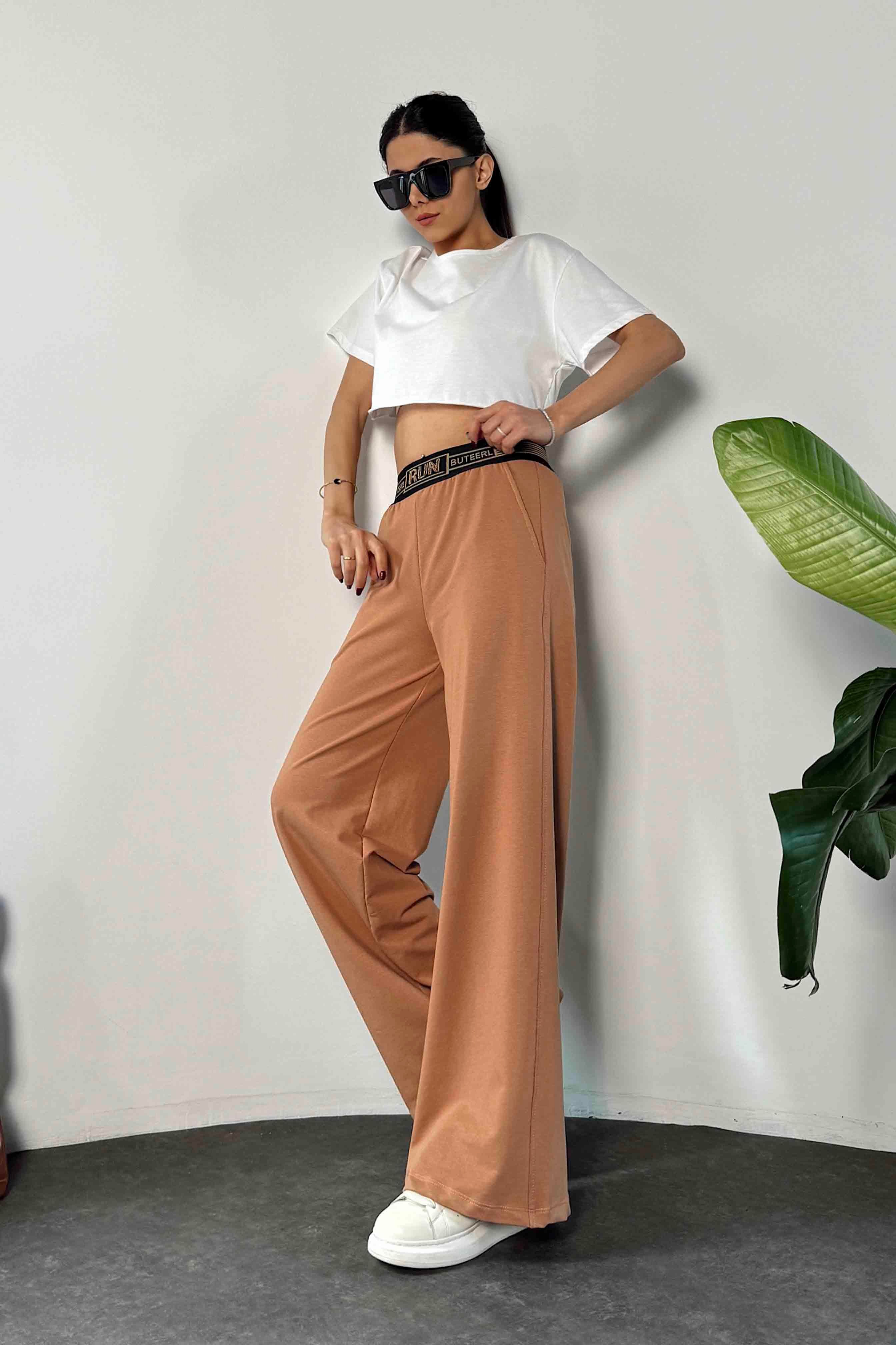Geniş Lastikli Tasarım Kadın Pantolon Camel