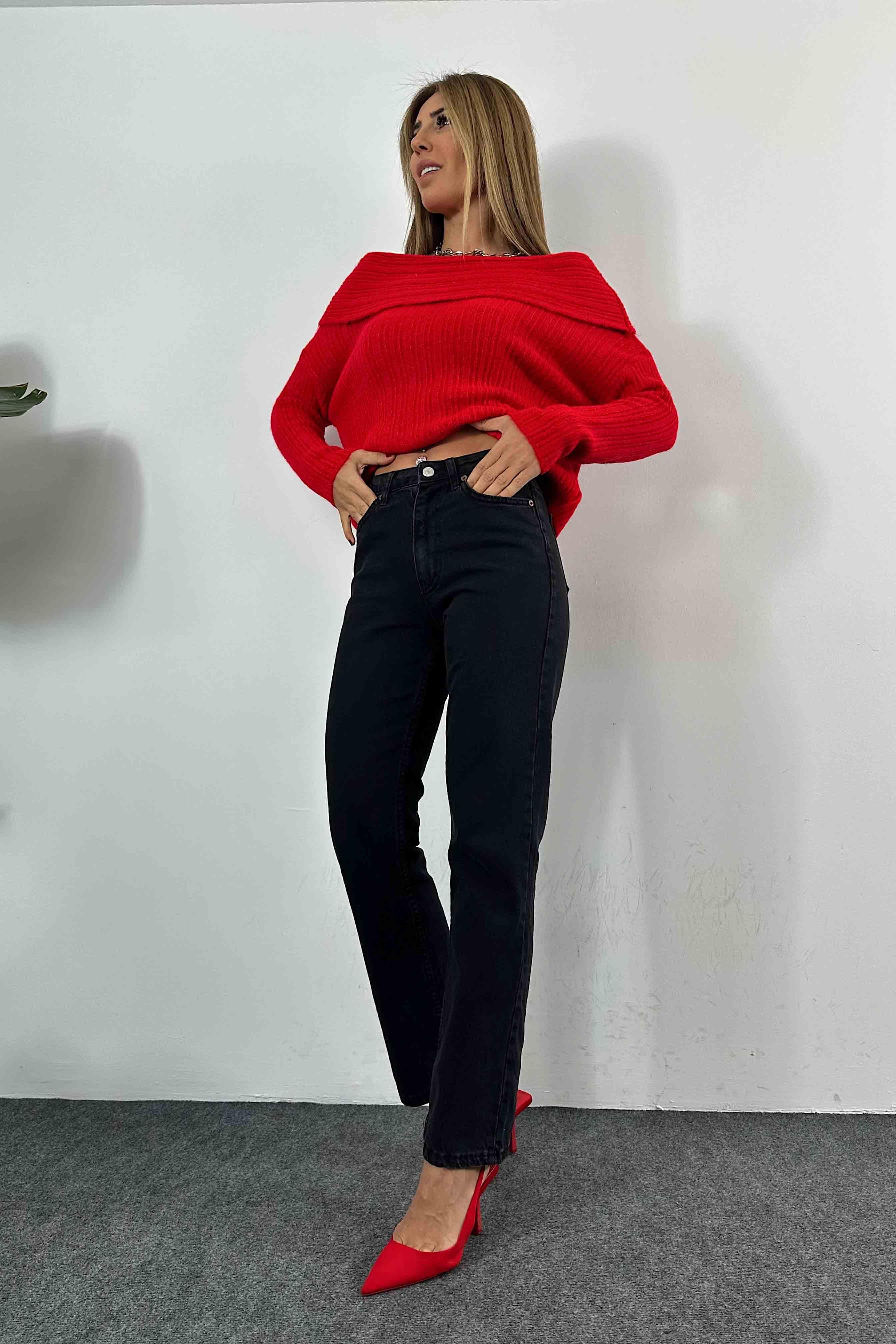 Geniş Madonna Yaka Yumoş Örme Kazak Kırmızı