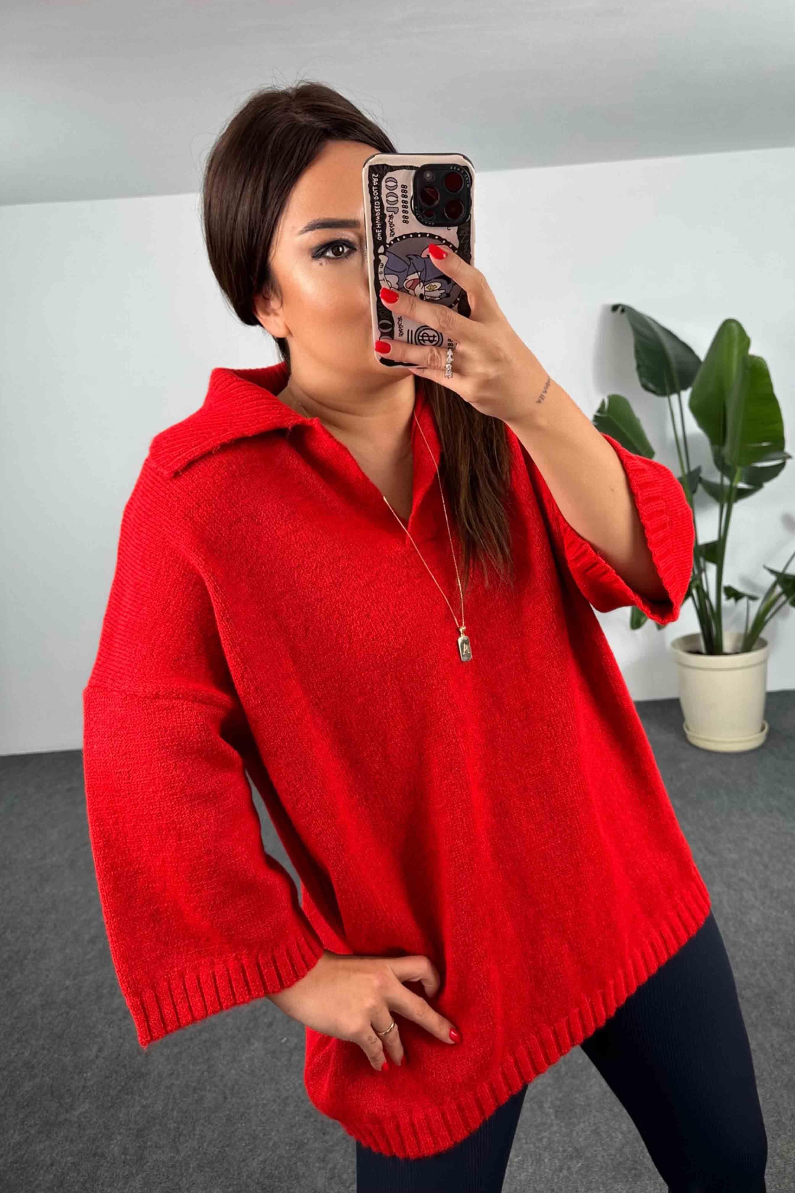 Geniş V Polo Yaka Kalın Örme Kazak Kırmızı