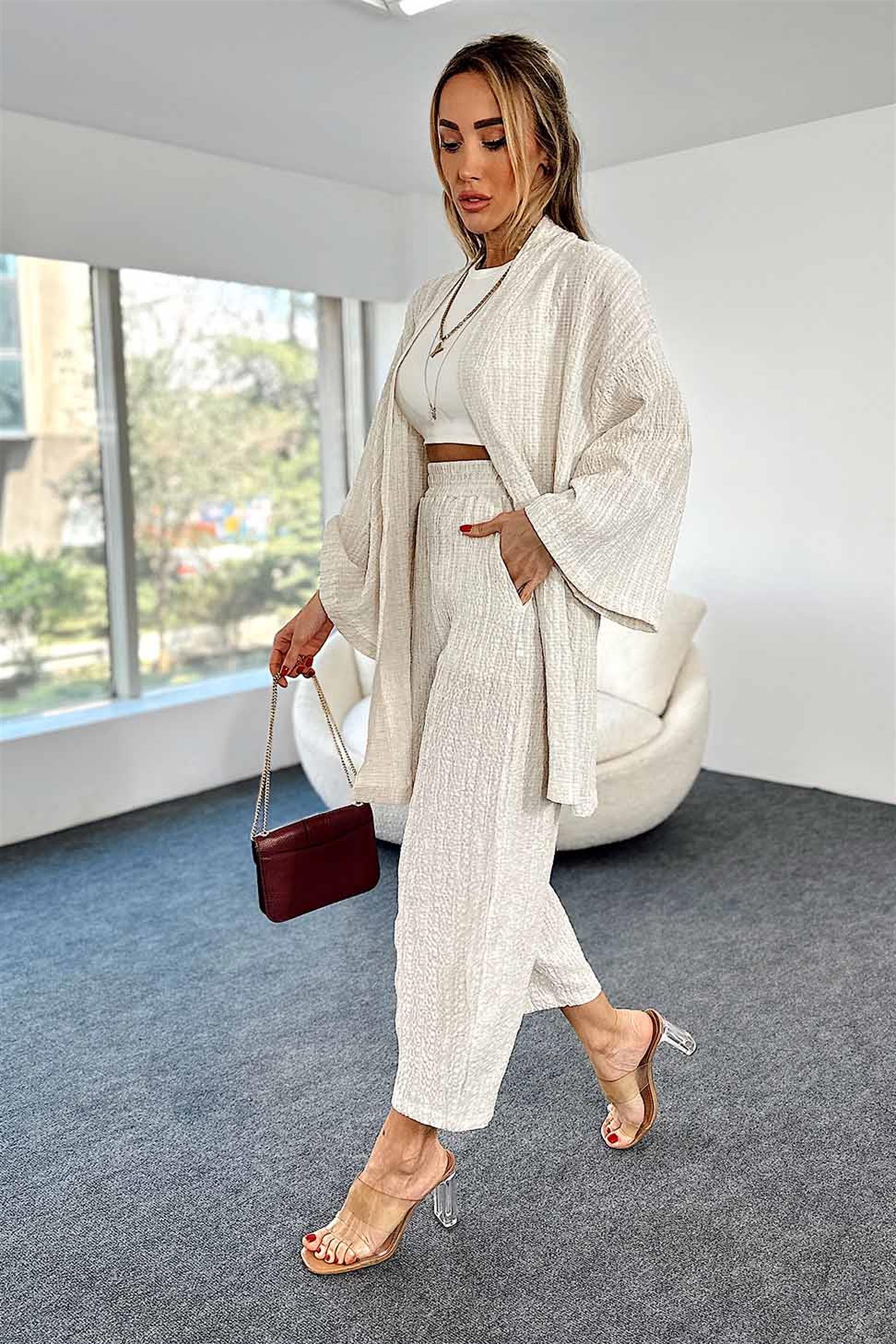 Gofre Kumaş Beli Lastikli Kimono Takım Taş