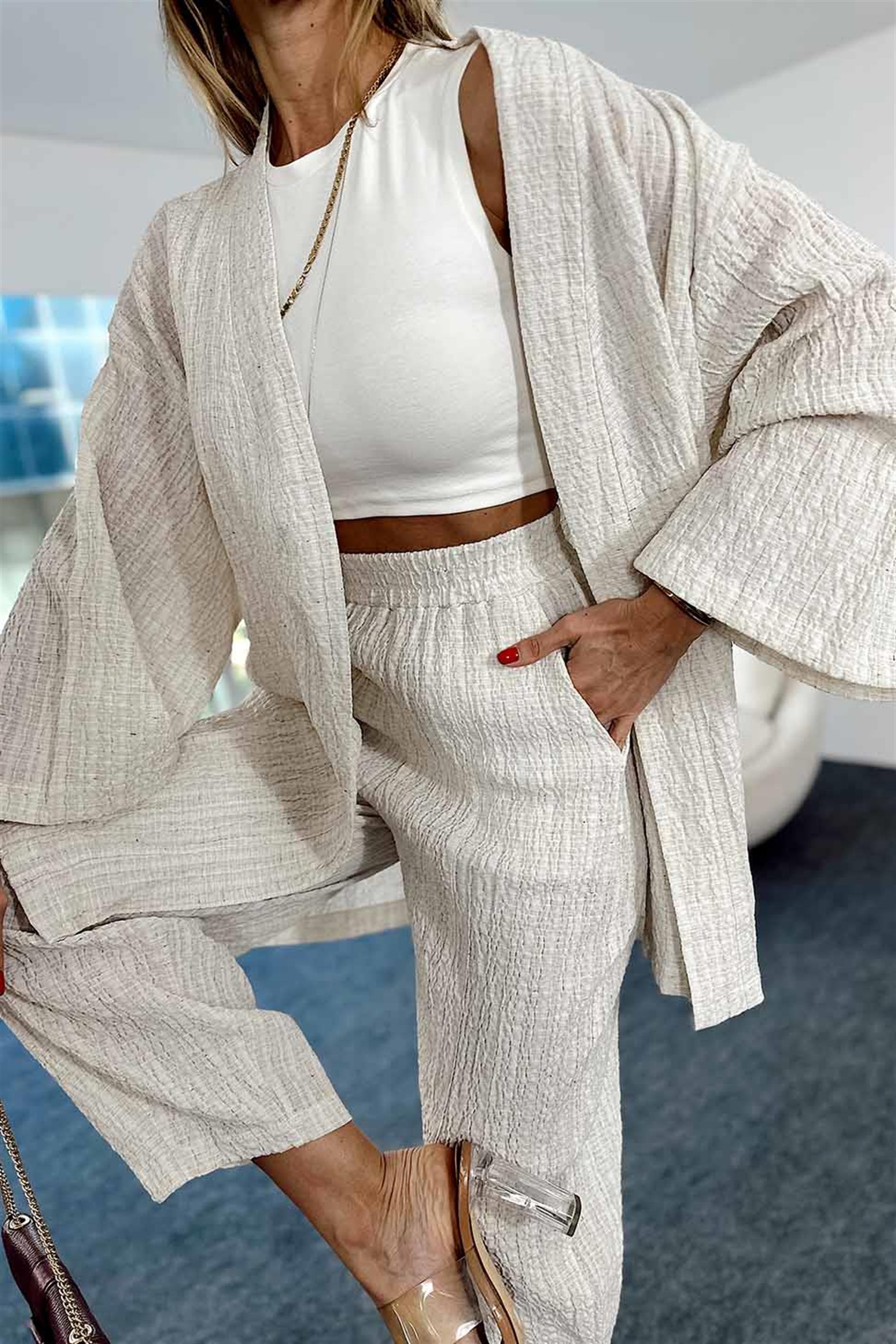 Gofre Kumaş Beli Lastikli Kimono Takım Taş