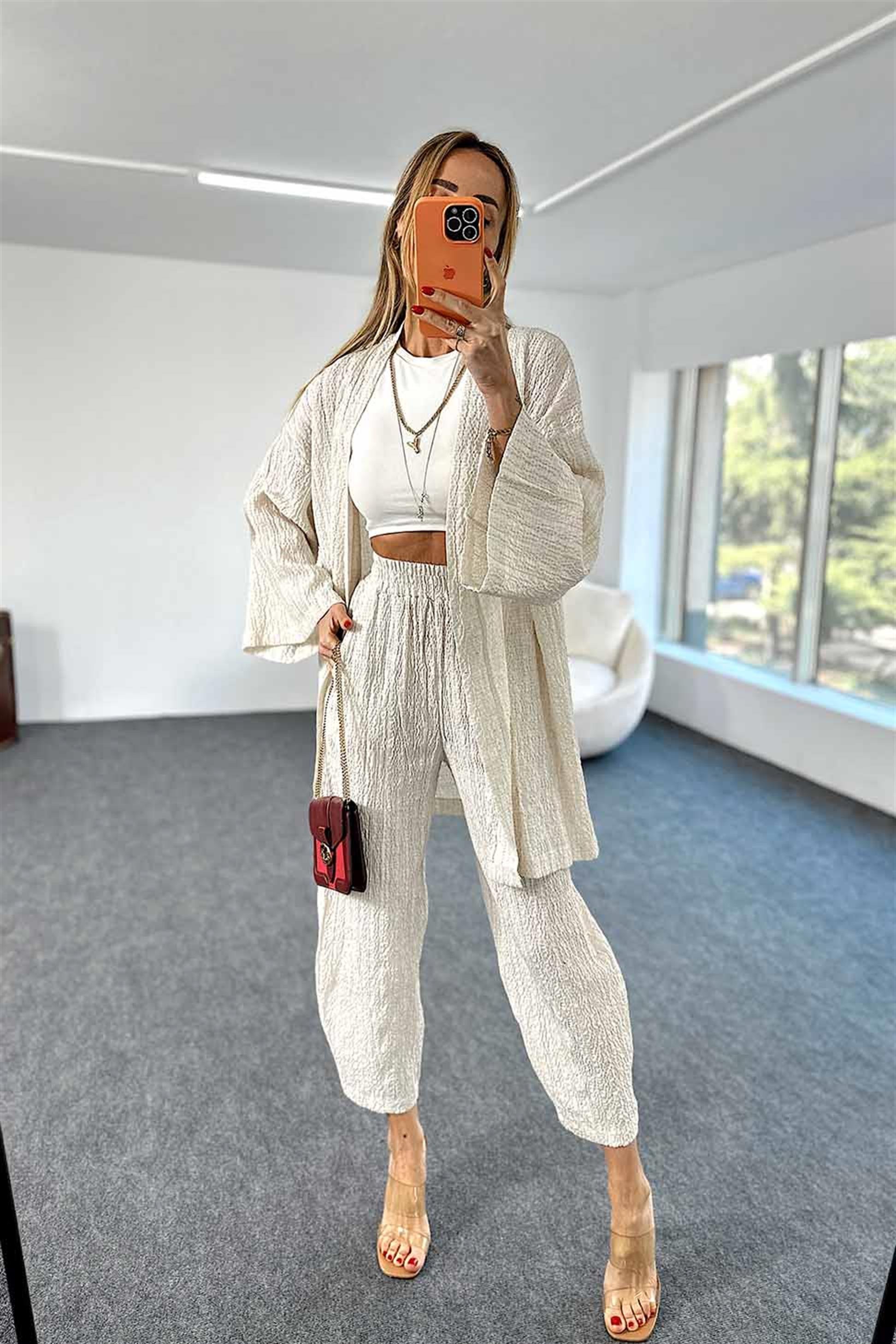 Gofre Kumaş Beli Lastikli Kimono Takım Taş