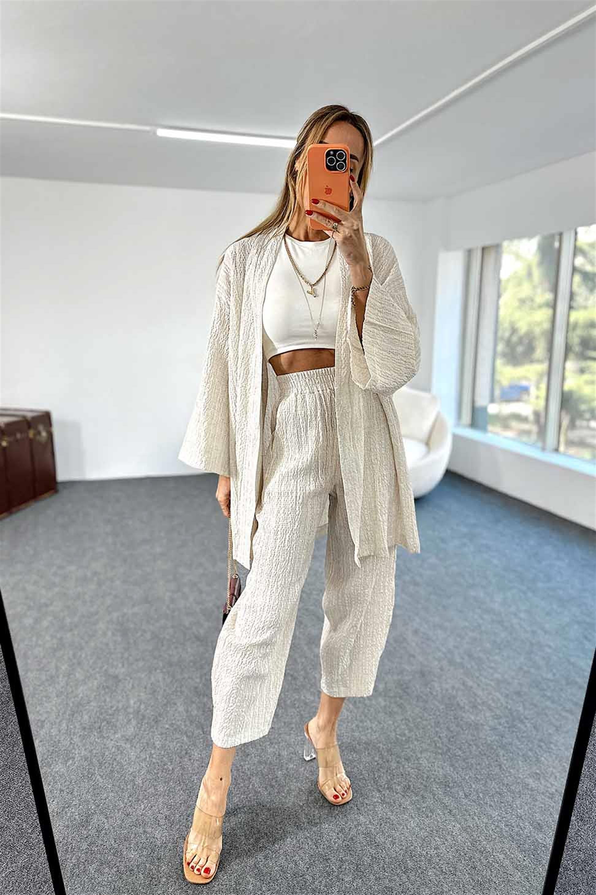 Gofre Kumaş Beli Lastikli Kimono Takım Taş