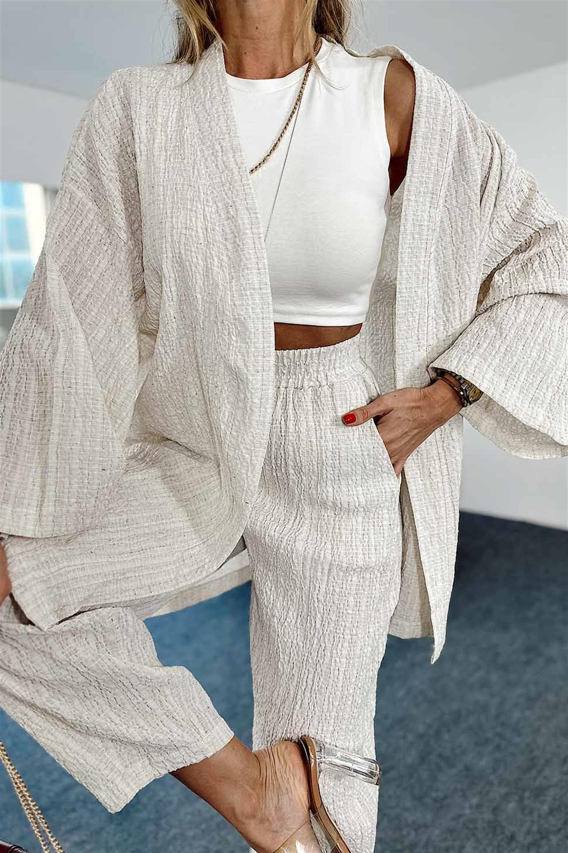 Gofre Kumaş Beli Lastikli Kimono Takım Taş