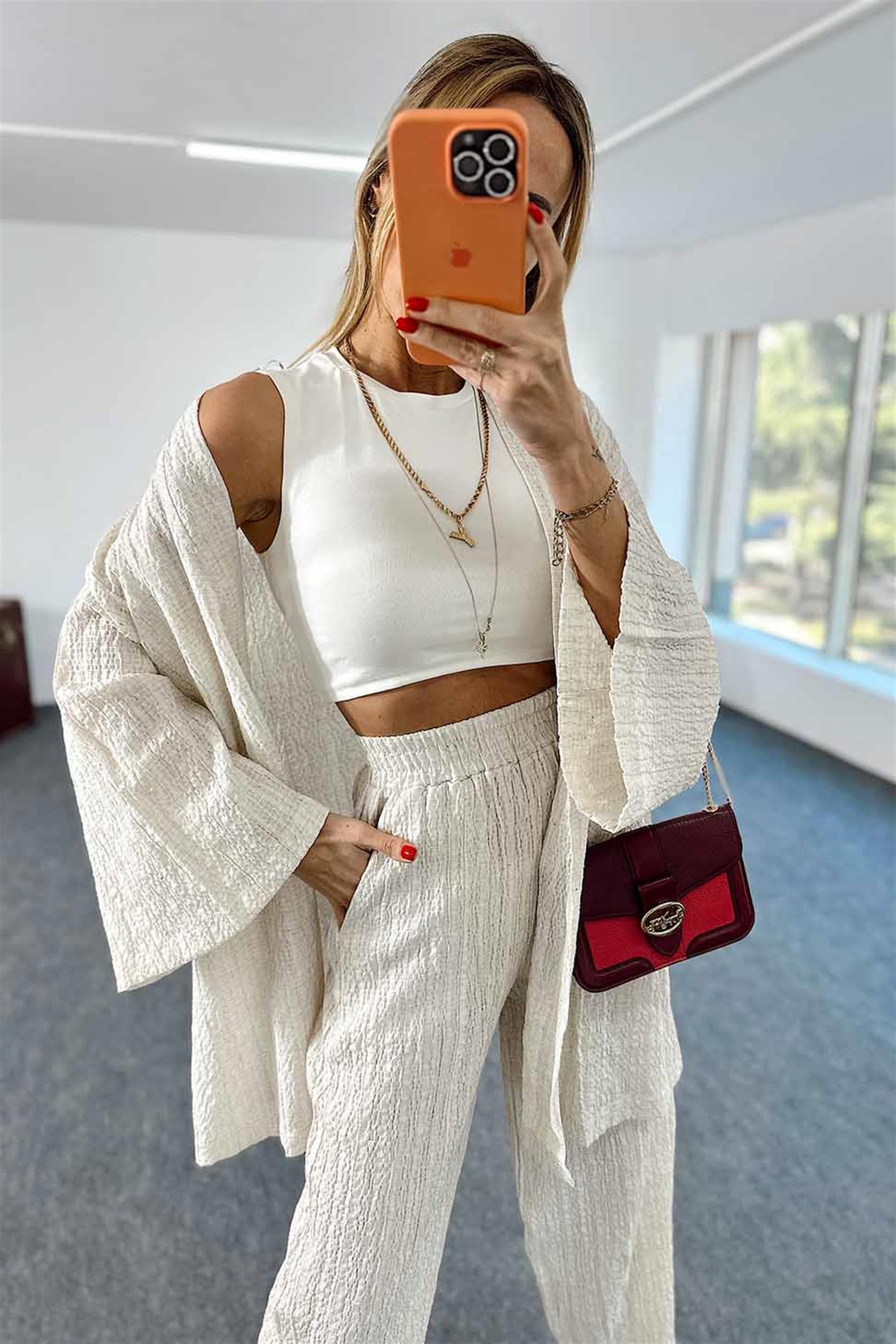 Gofre Kumaş Beli Lastikli Kimono Takım Taş