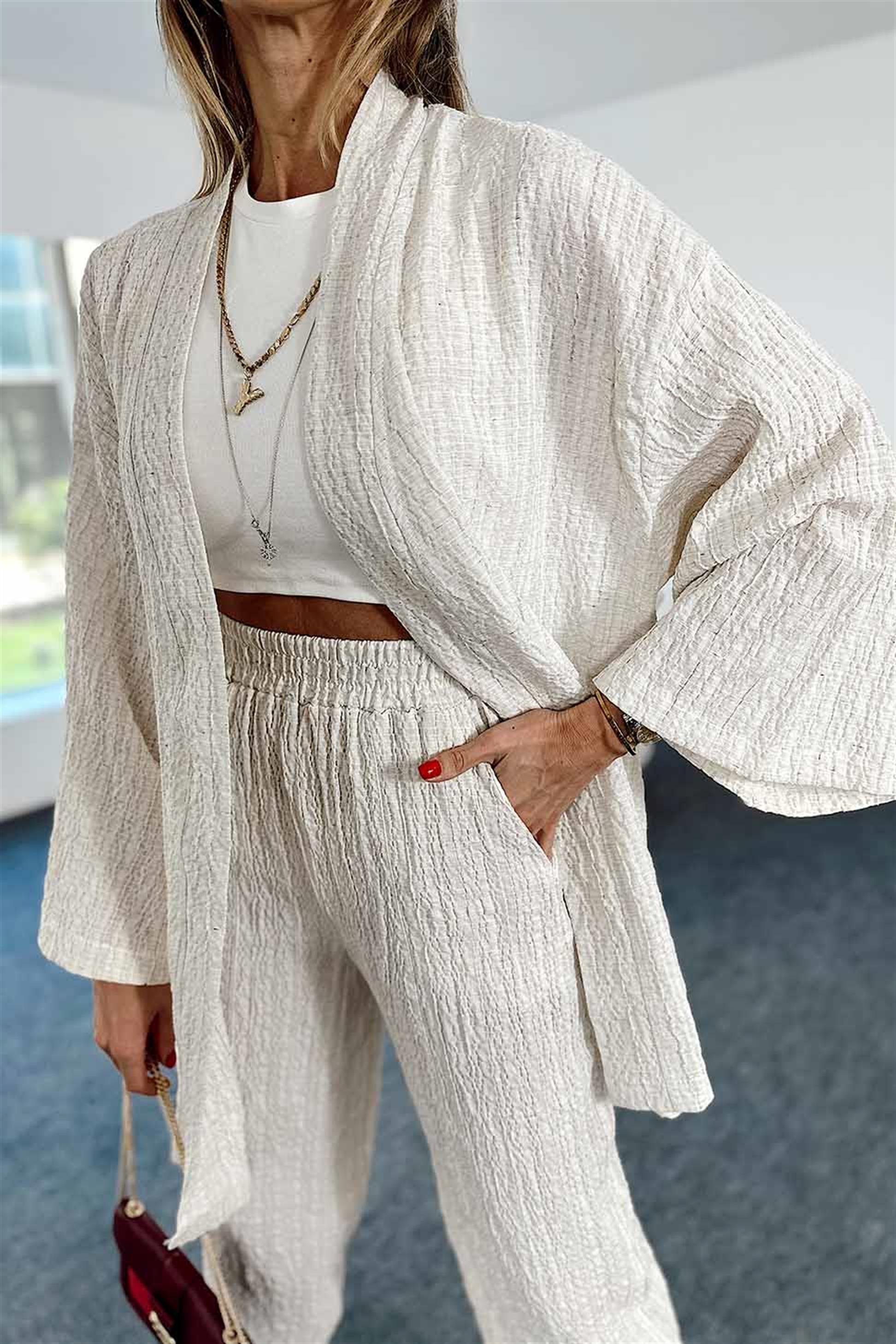 Gofre Kumaş Beli Lastikli Kimono Takım Taş