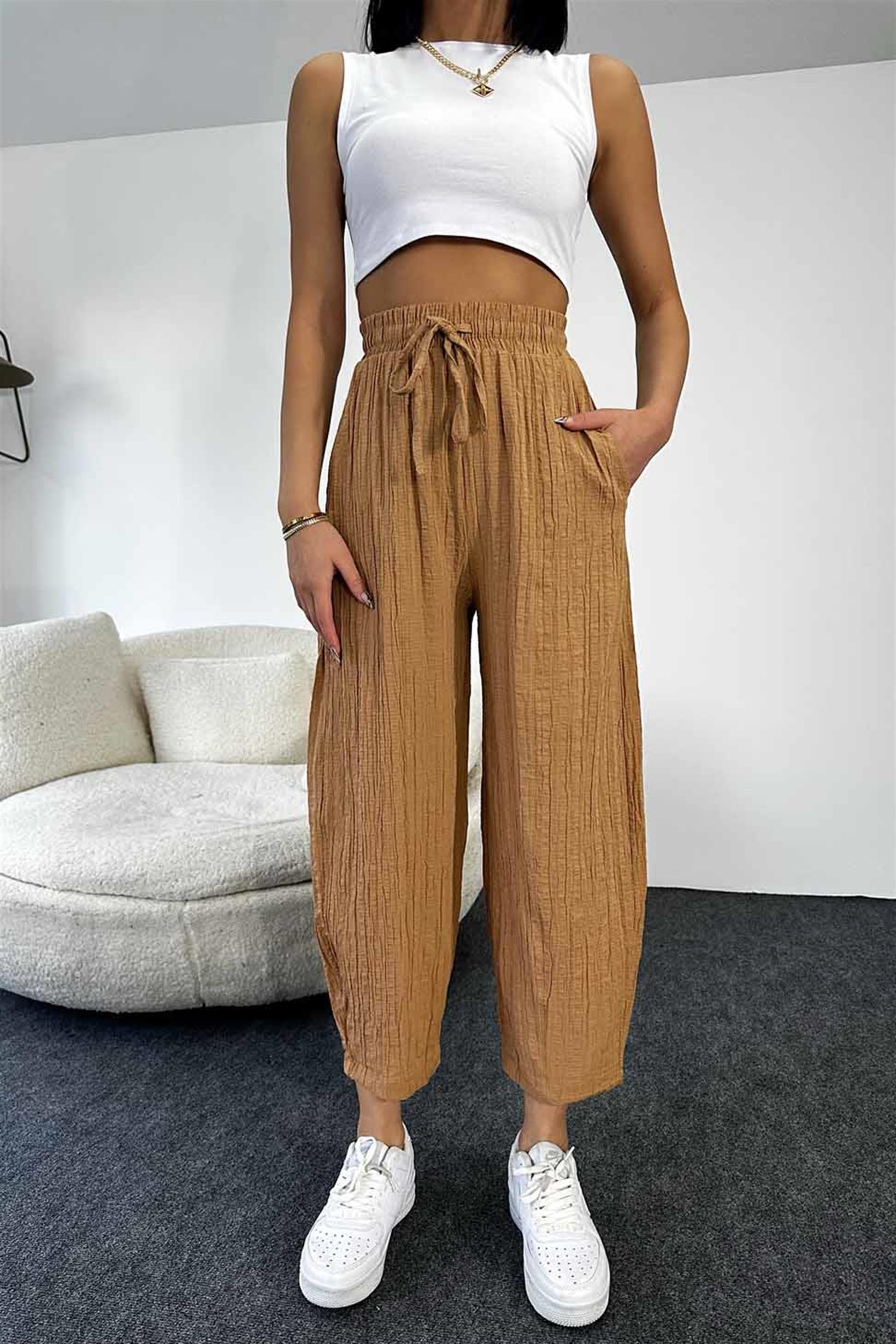 Gofre Kumaş Beli Lastikli Salaş Pantolon Camel