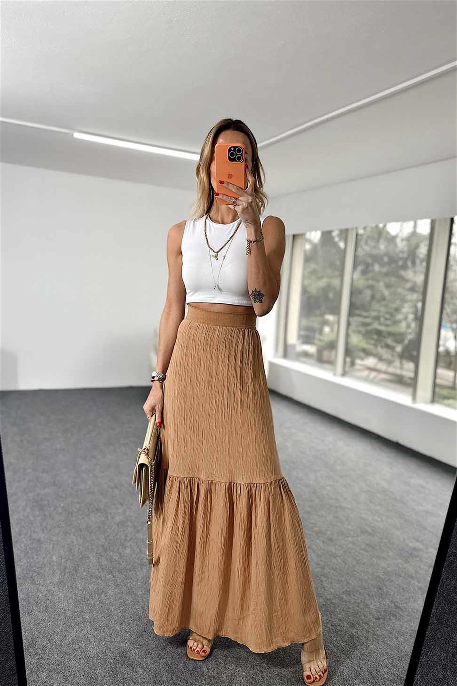 Gofre Kumaş Büzgü Detay Midi Etek Camel