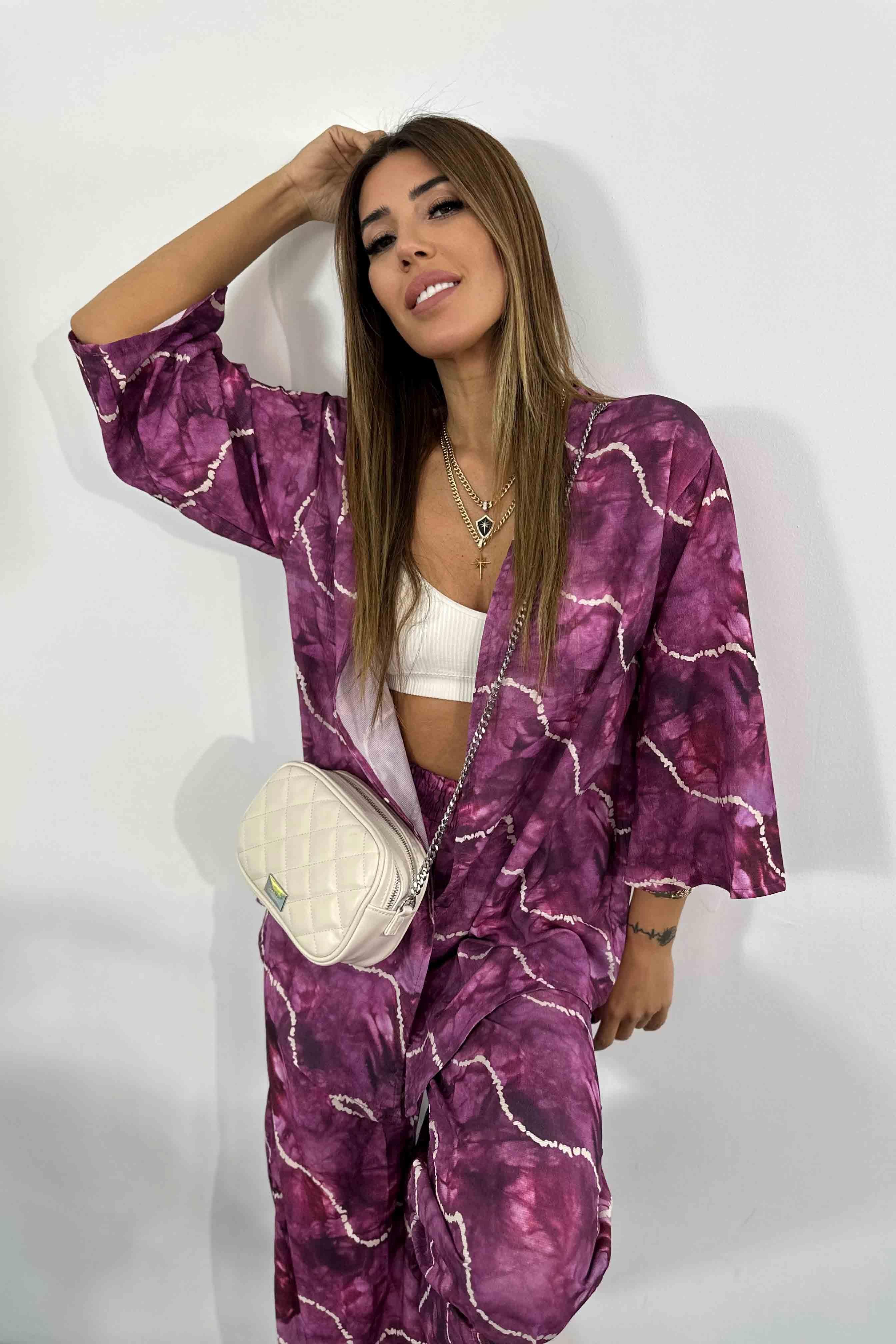 Gofre Kumaş Desenli Pantolonlu Kimono Takım Mor