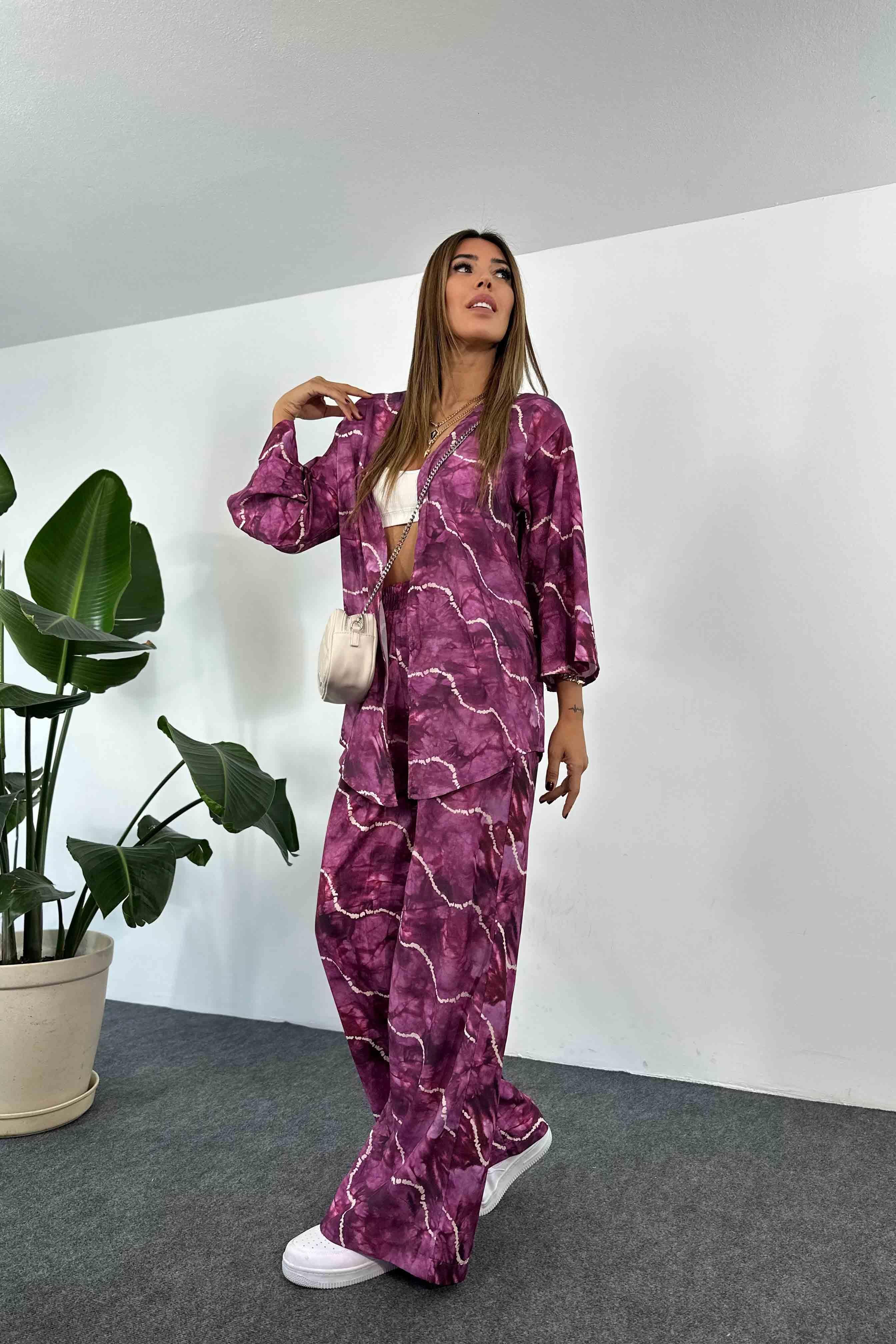 Gofre Kumaş Desenli Pantolonlu Kimono Takım Mor