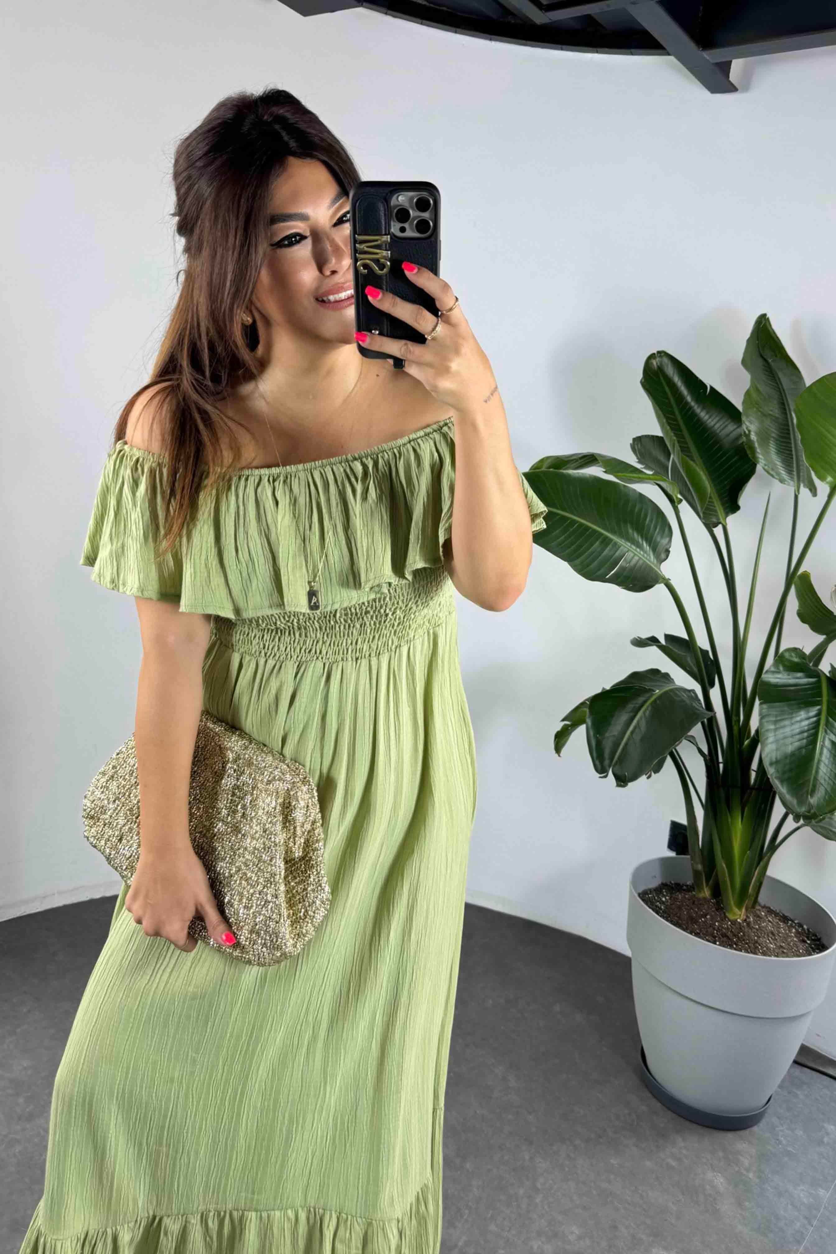 Gofre Kumaş Gipeli Elbise Mint