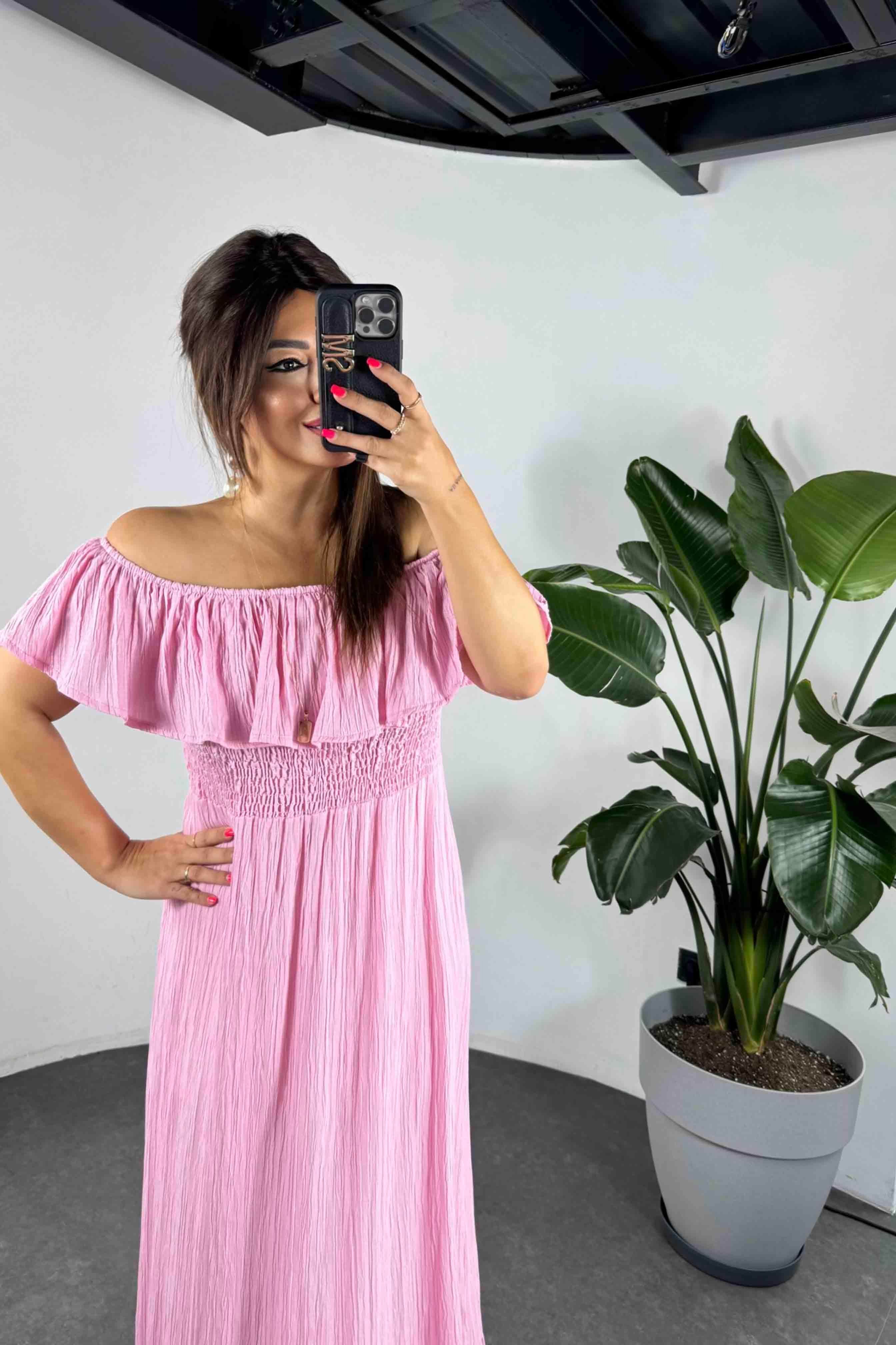 Gofre Kumaş Gipeli Elbise Pembe