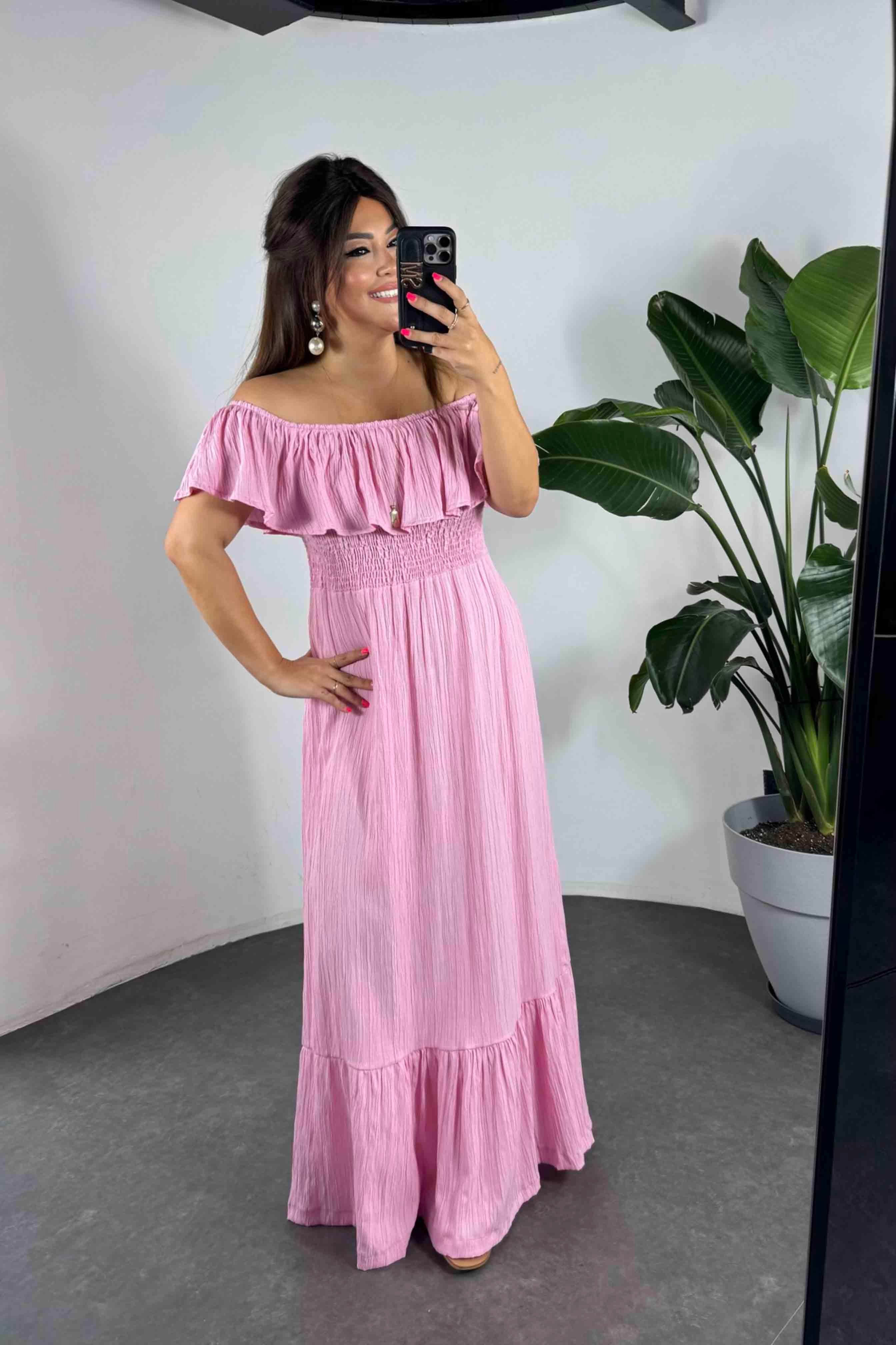 Gofre Kumaş Gipeli Elbise Pembe