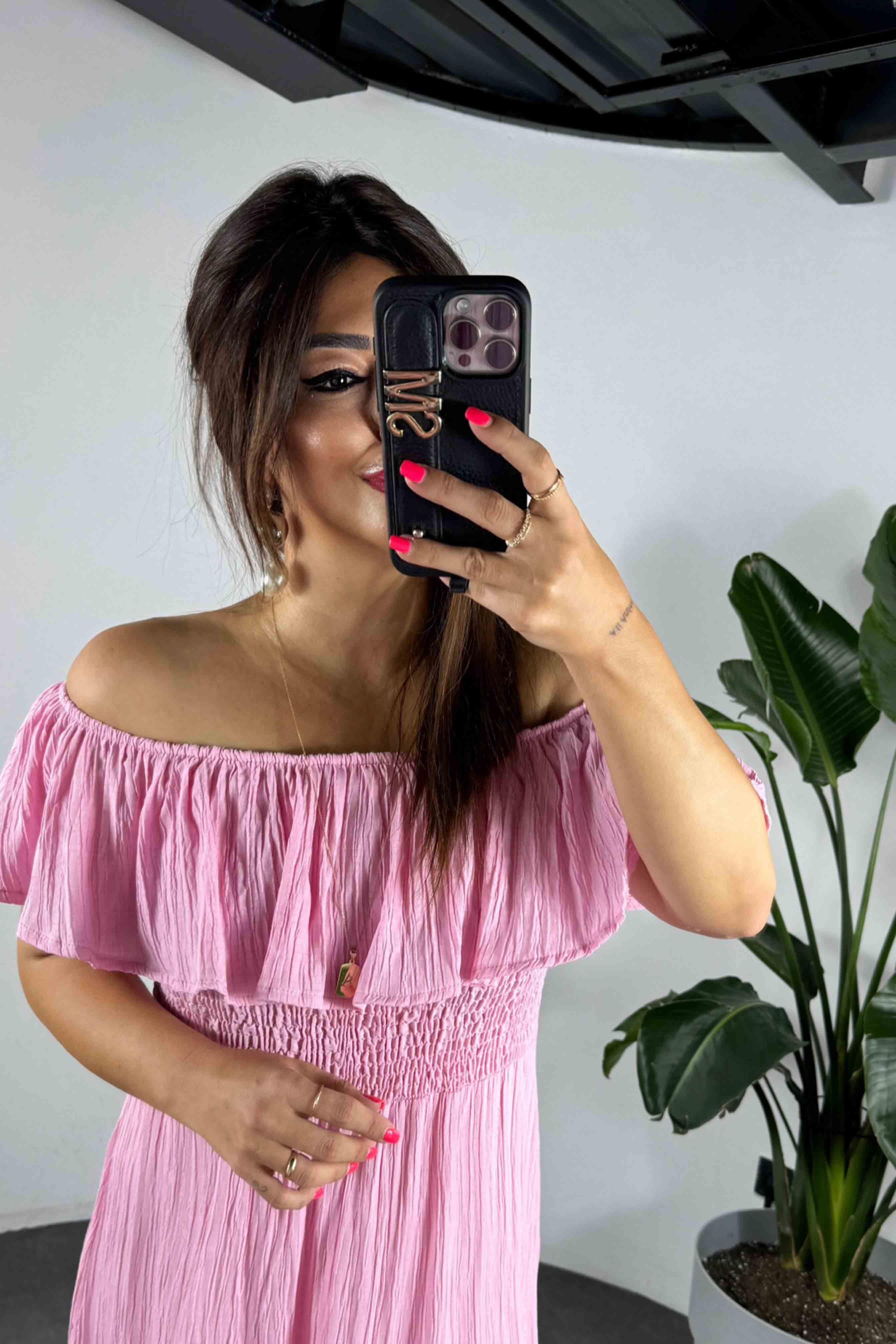 Gofre Kumaş Gipeli Elbise Pembe