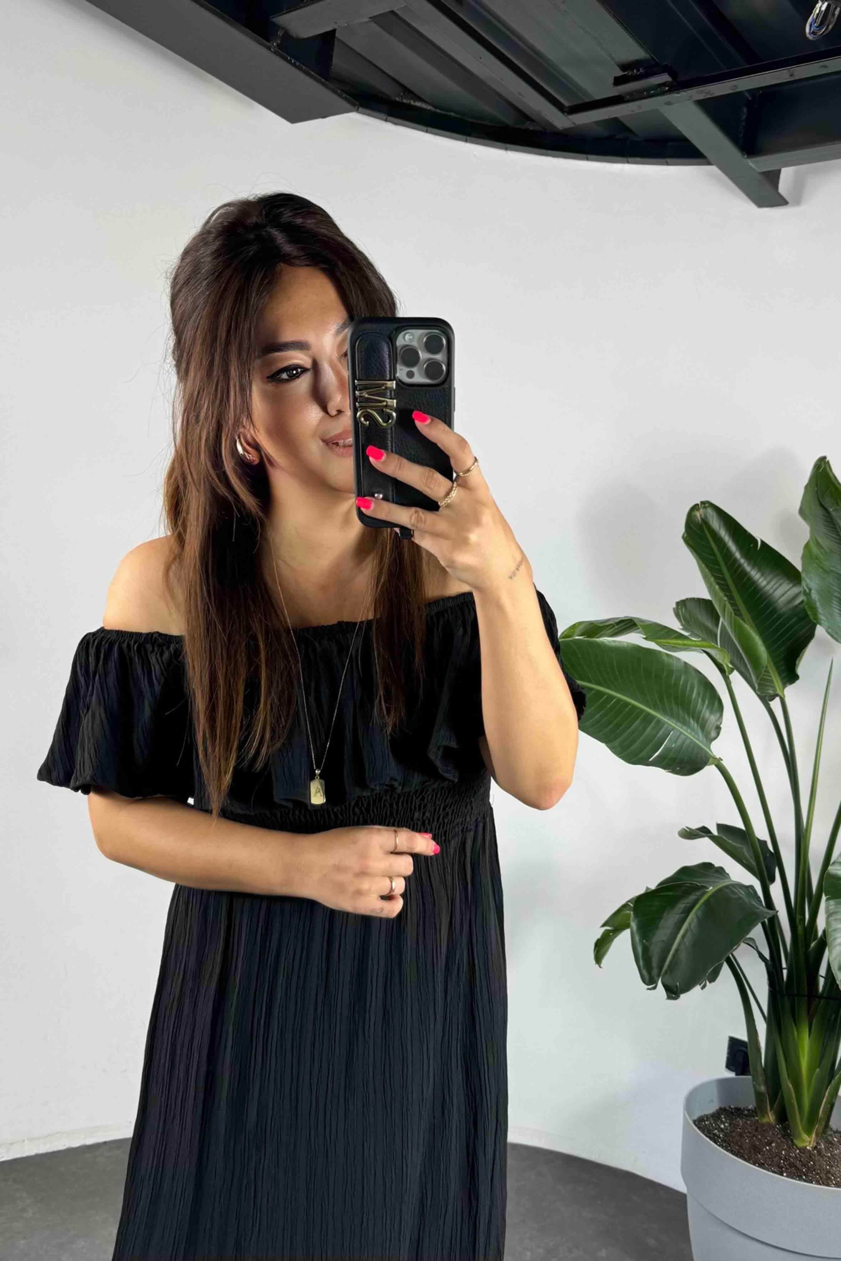 Gofre Kumaş Gipeli Elbise Siyah