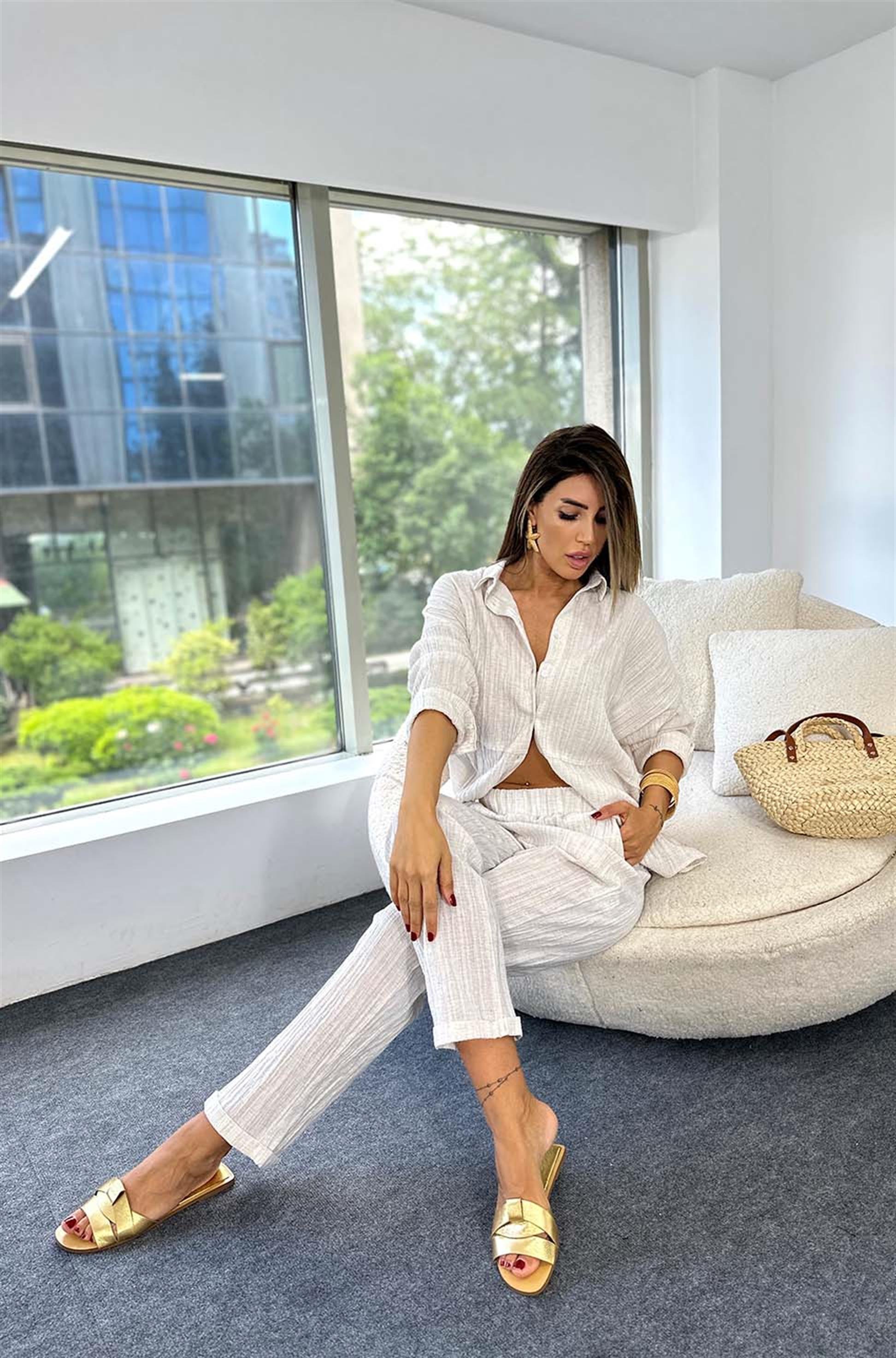 Gofre Kumaş Gömlek Pantolon İkili Takım Taş