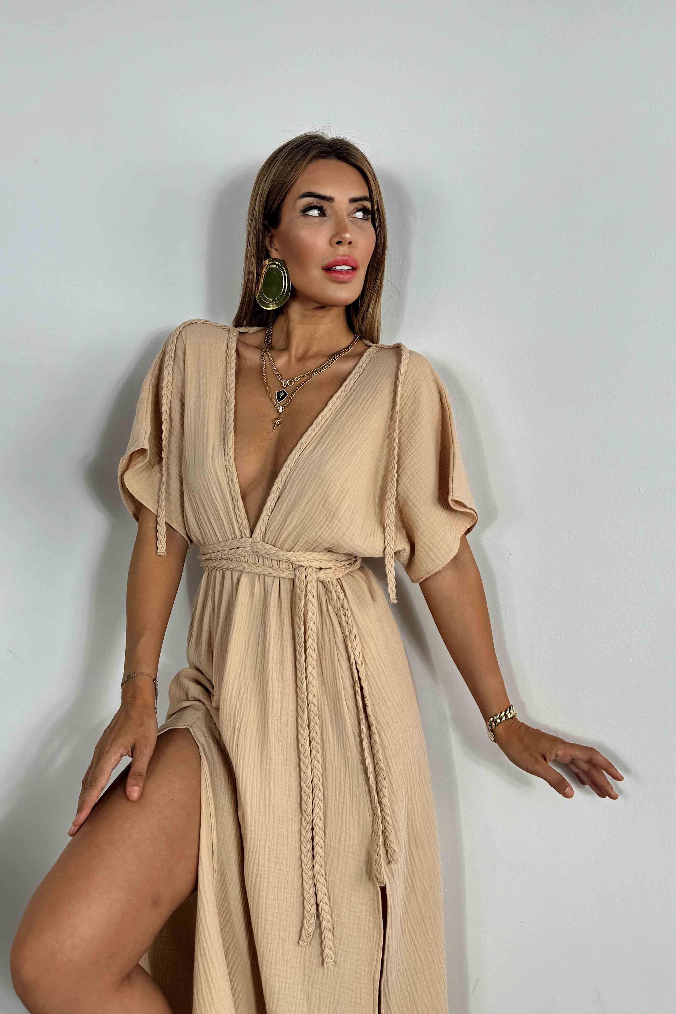 Gofre Kumaş Örgü Askı Detay Elbise Camel