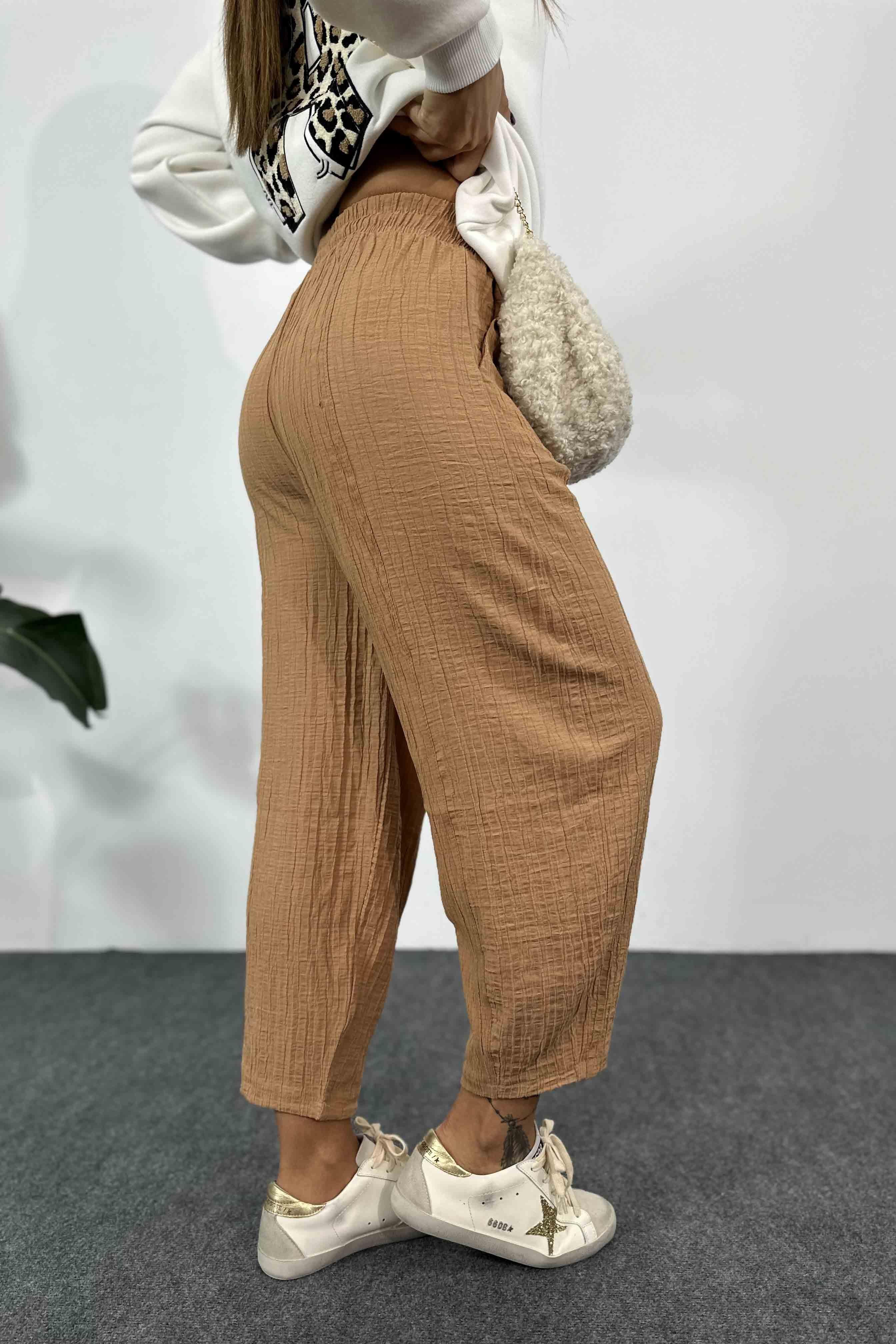 Gofre Kumaş Yanlardan Cepli Şalvar Pantolon Camel