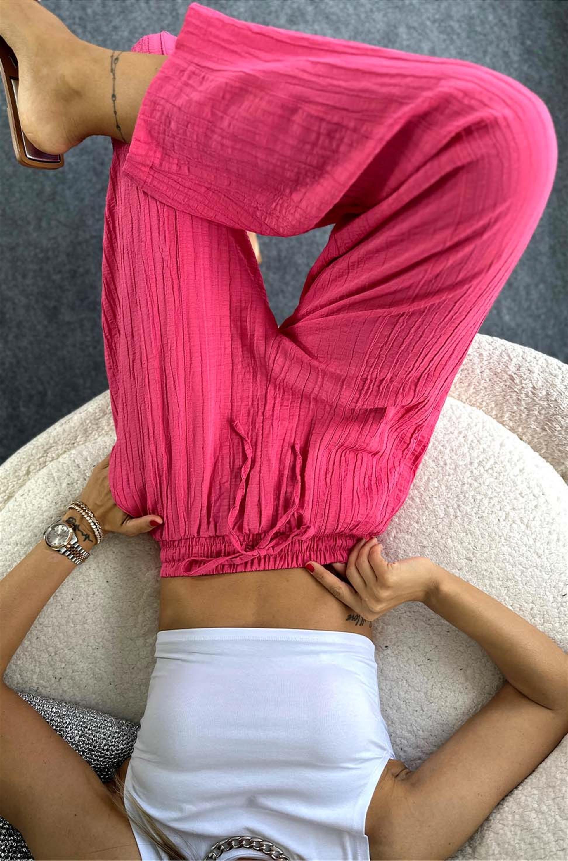 Gofre Kumaş Yanlardan Cepli Şalvar Pantolon FUŞYA