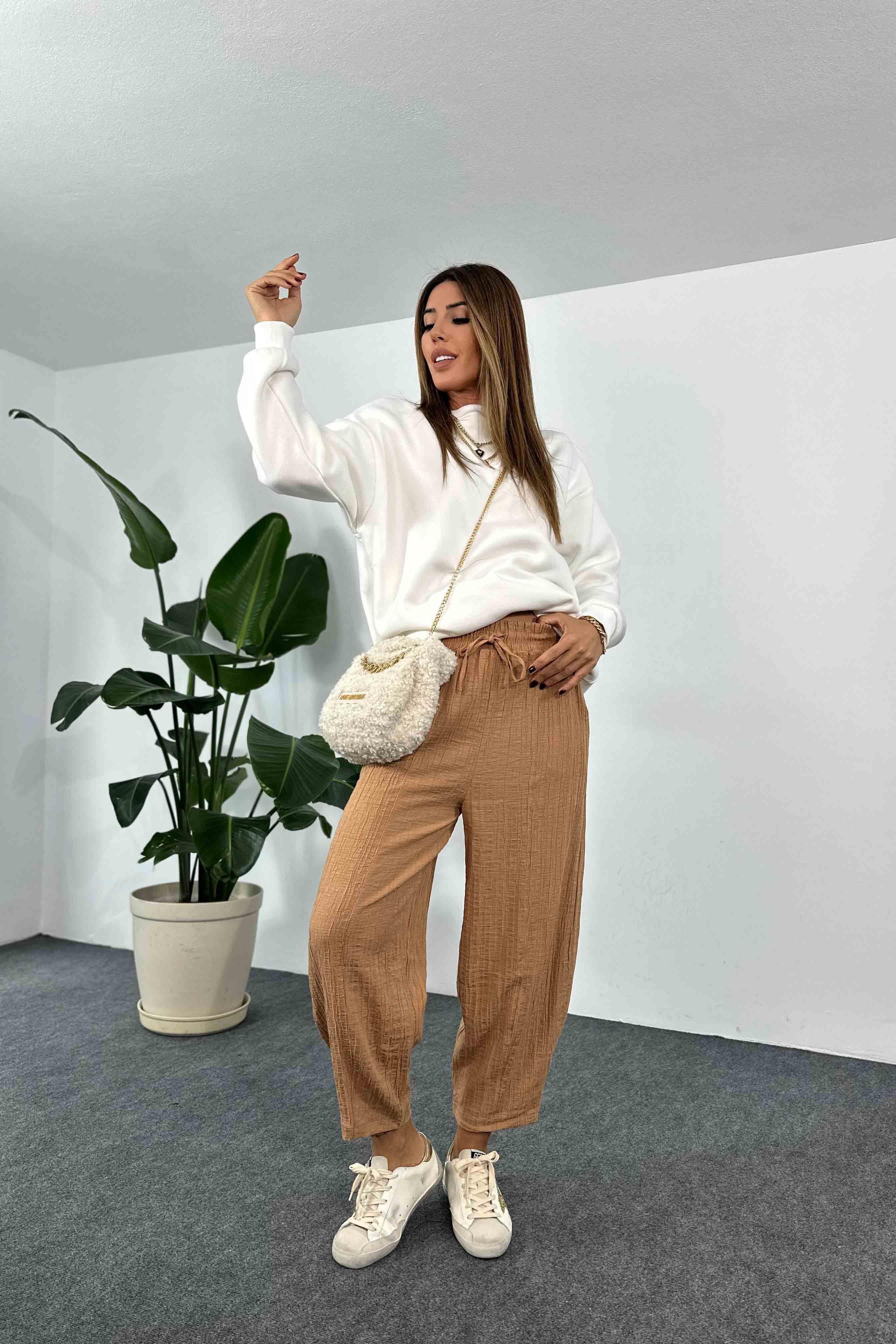Gofre Kumaş Yanlardan Cepli Şalvar Pantolon Camel