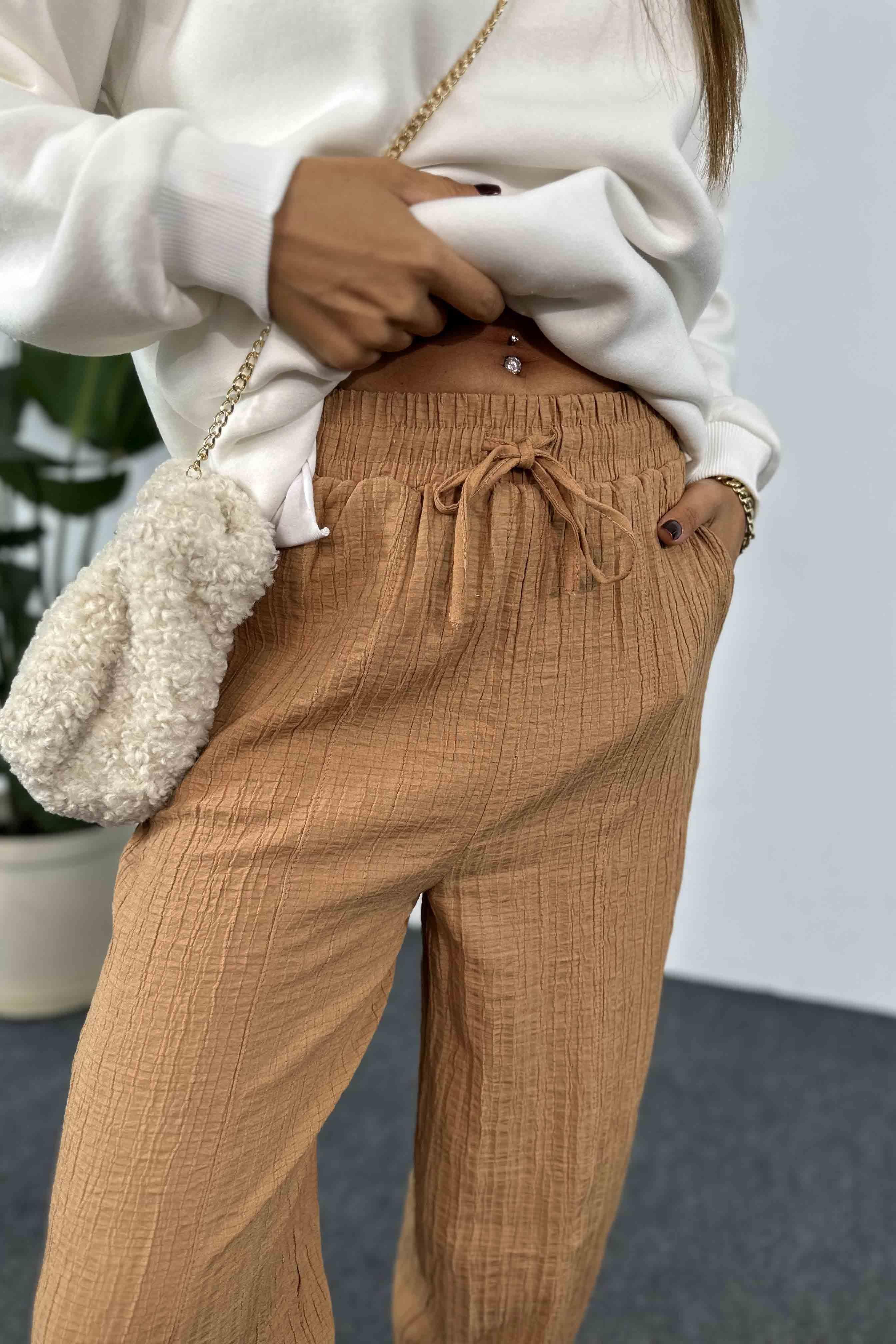Gofre Kumaş Yanlardan Cepli Şalvar Pantolon Camel