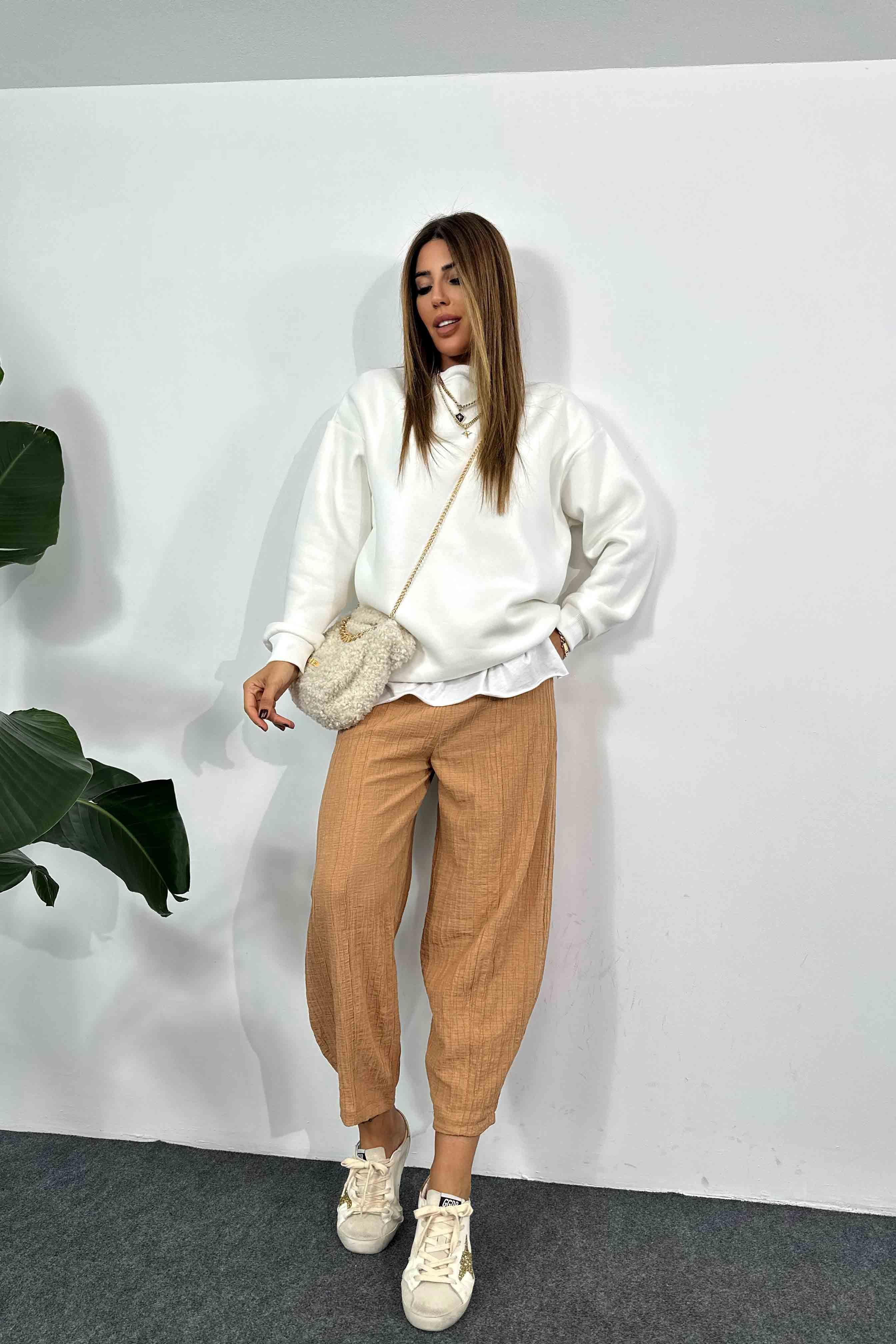 Gofre Kumaş Yanlardan Cepli Şalvar Pantolon Camel