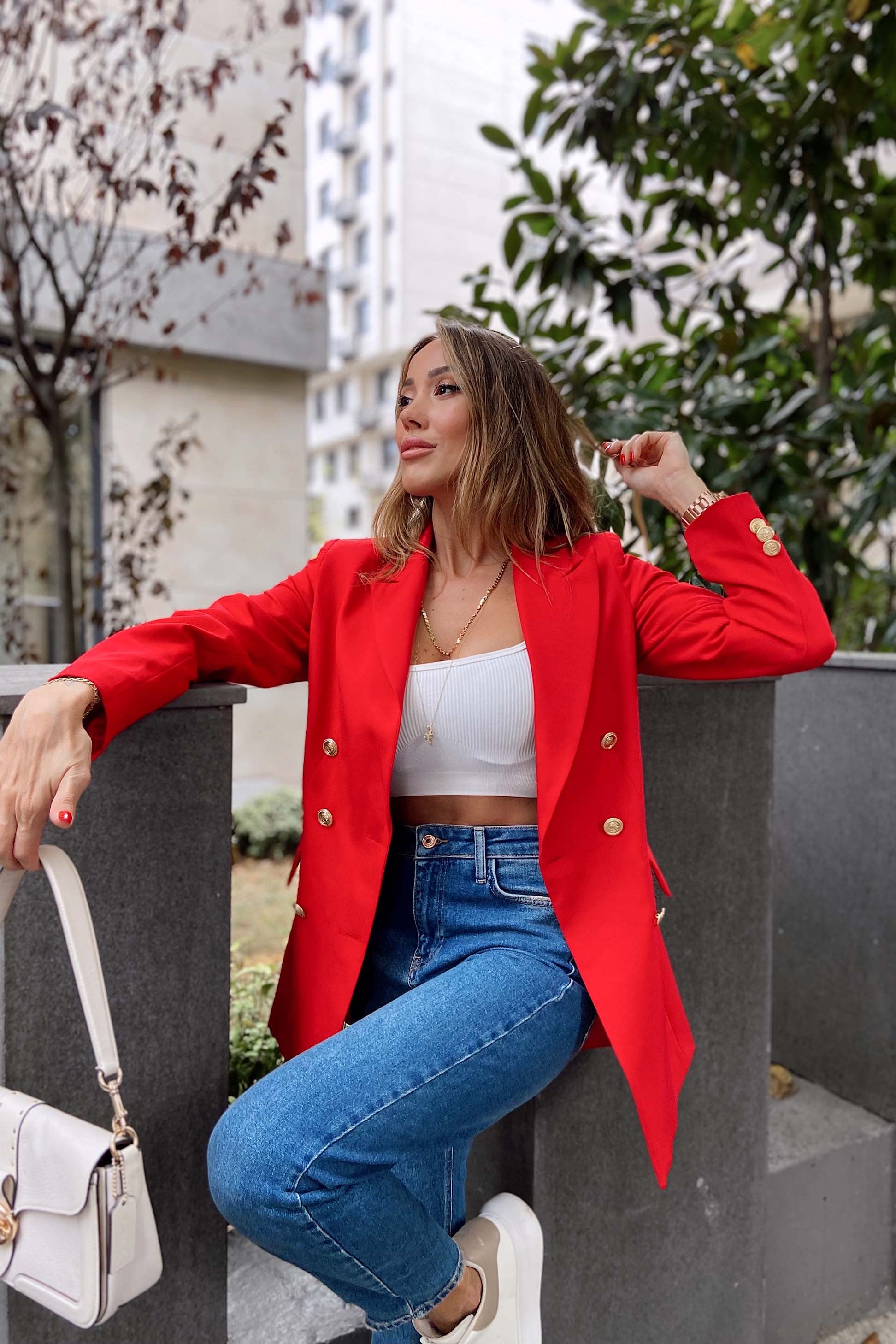 Gold Düğmeli Blazer Ceket Kırmızı